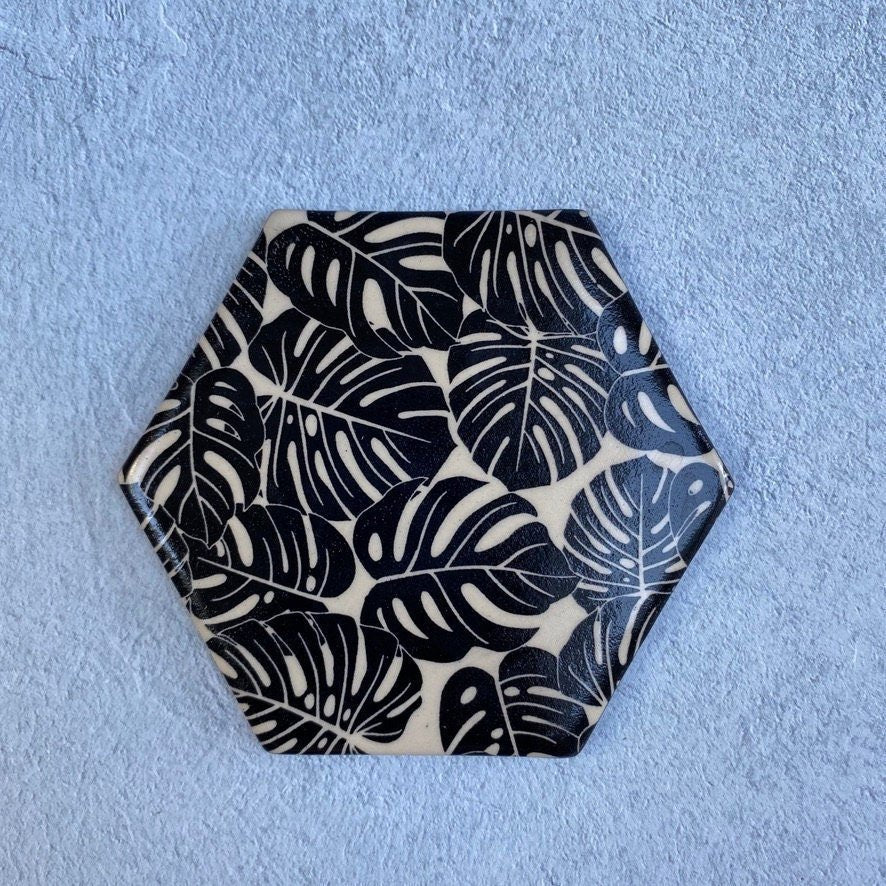 Handmade Ceramic Coaster, Black Monstera Leaf - FJD Ceramics