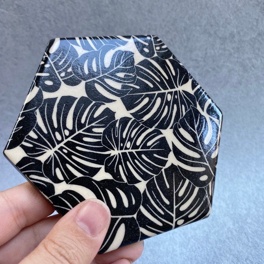 Handmade Ceramic Coaster, Black Monstera Leaf - FJD Ceramics