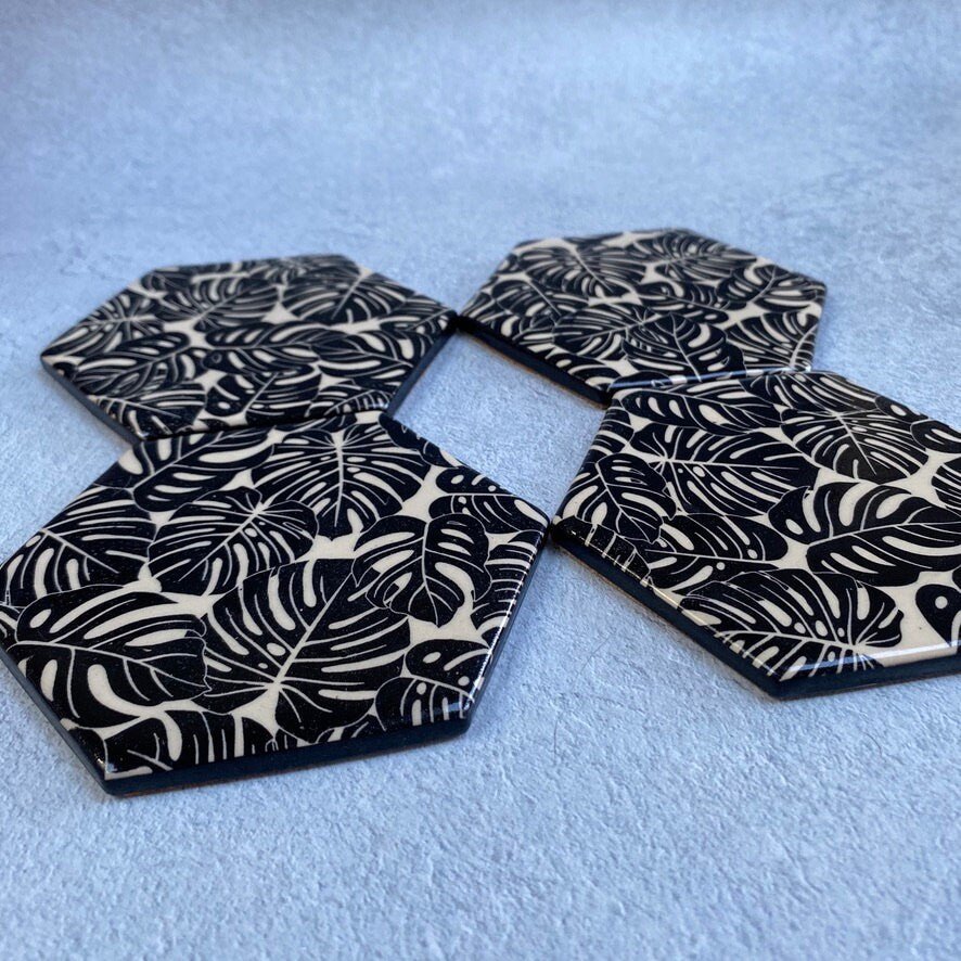 Handmade Ceramic Coaster, Black Monstera Leaf - FJD Ceramics