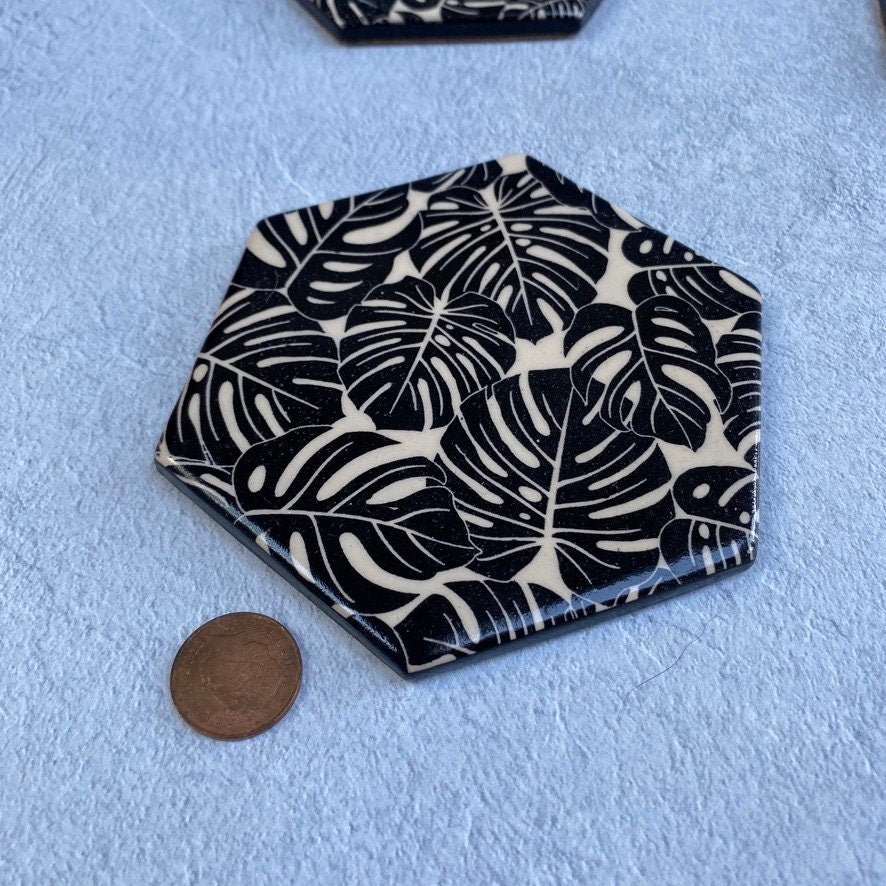 Handmade Ceramic Coaster, Black Monstera Leaf - FJD Ceramics