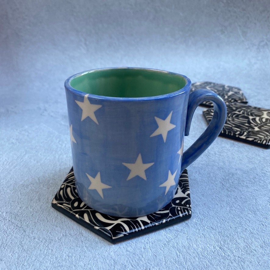 Handmade Ceramic Coaster, Black Monstera Leaf - FJD Ceramics