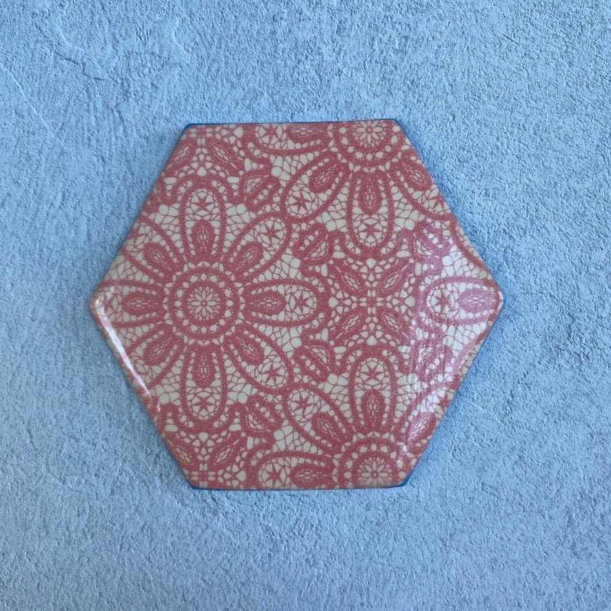 Handmade Ceramic Coaster, Pink Lace Turquoise - FJD Ceramics