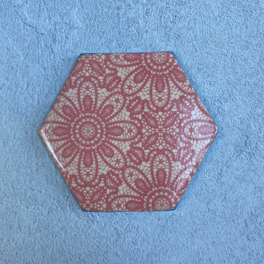 Handmade Ceramic Coaster, Pink Lace Turquoise - FJD Ceramics