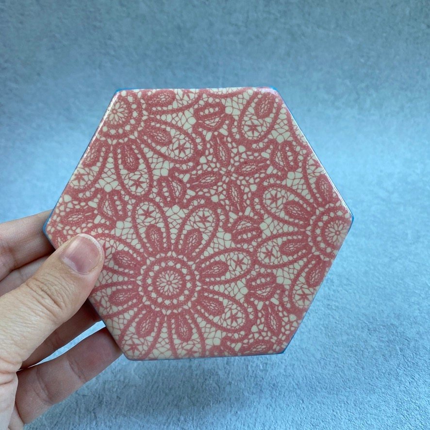 Handmade Ceramic Coaster, Pink Lace Turquoise - FJD Ceramics
