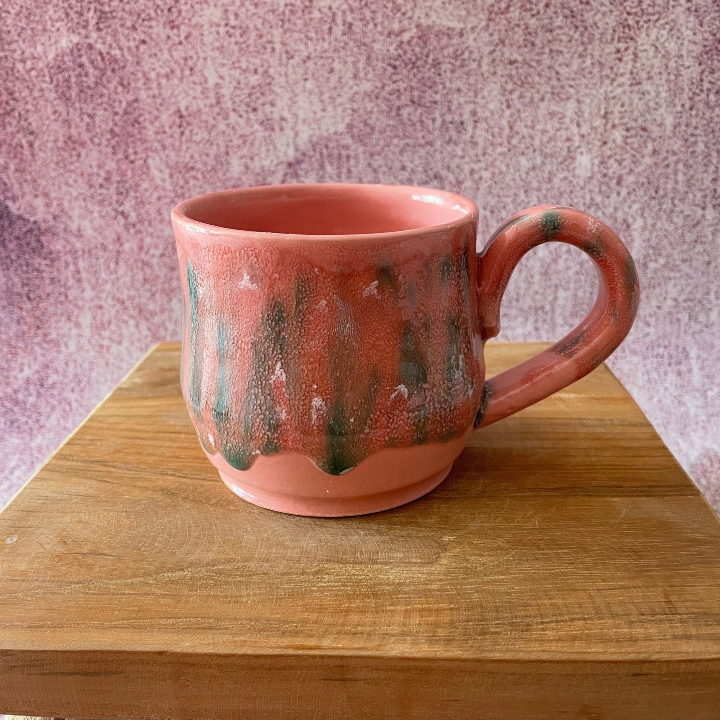 Handmade Coral Pink and Green Drippy Glazed Ceramic Mug - FJD Ceramics