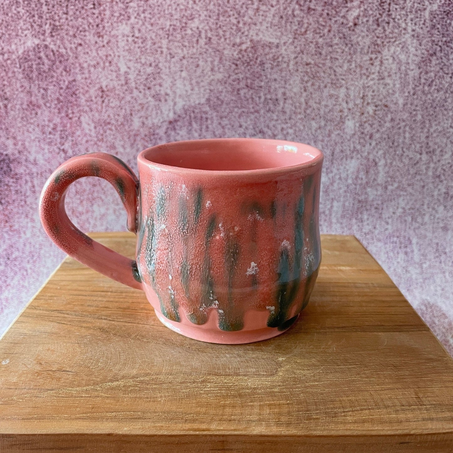 Handmade Coral Pink and Green Drippy Glazed Ceramic Mug - FJD Ceramics