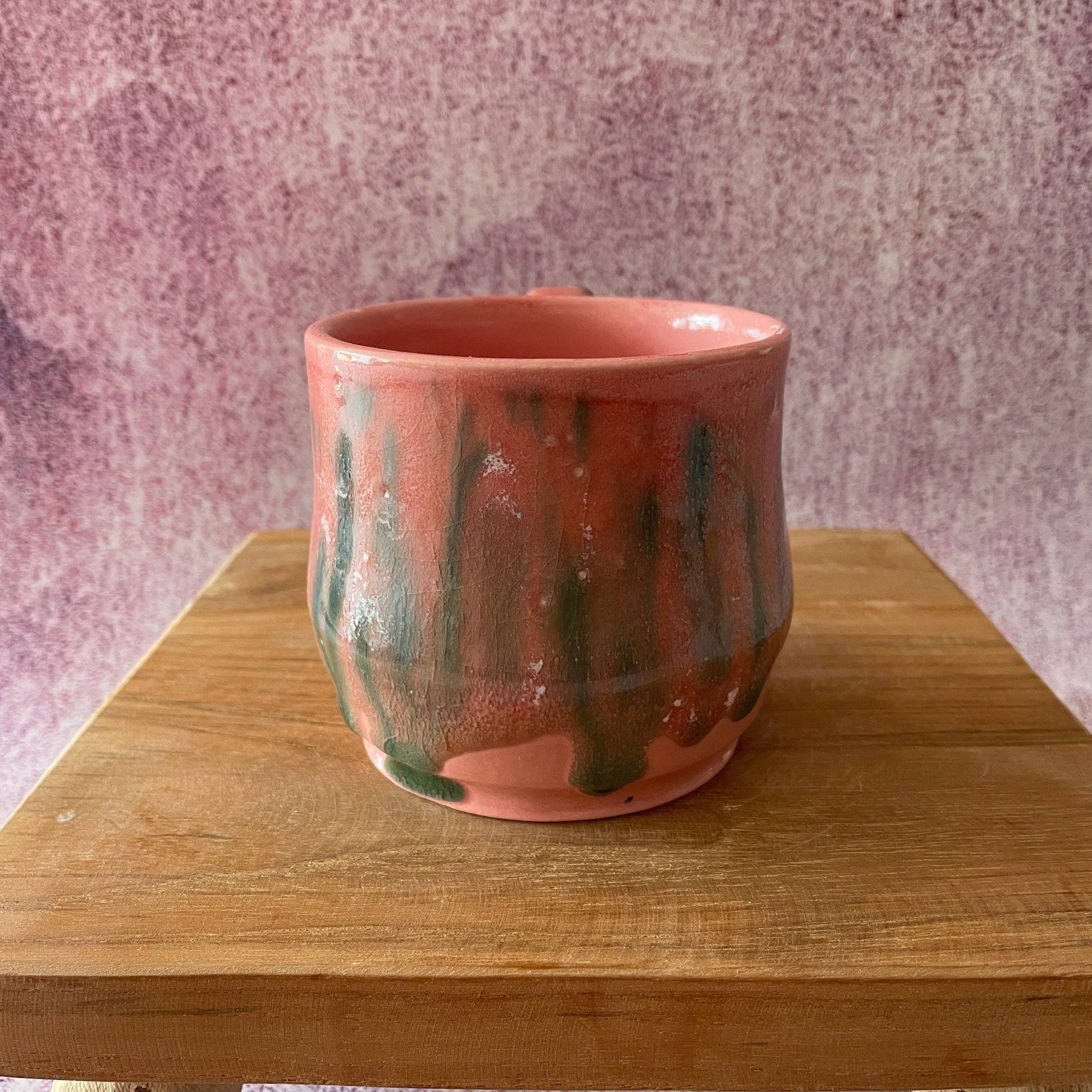 Handmade Coral Pink and Green Drippy Glazed Ceramic Mug - FJD Ceramics