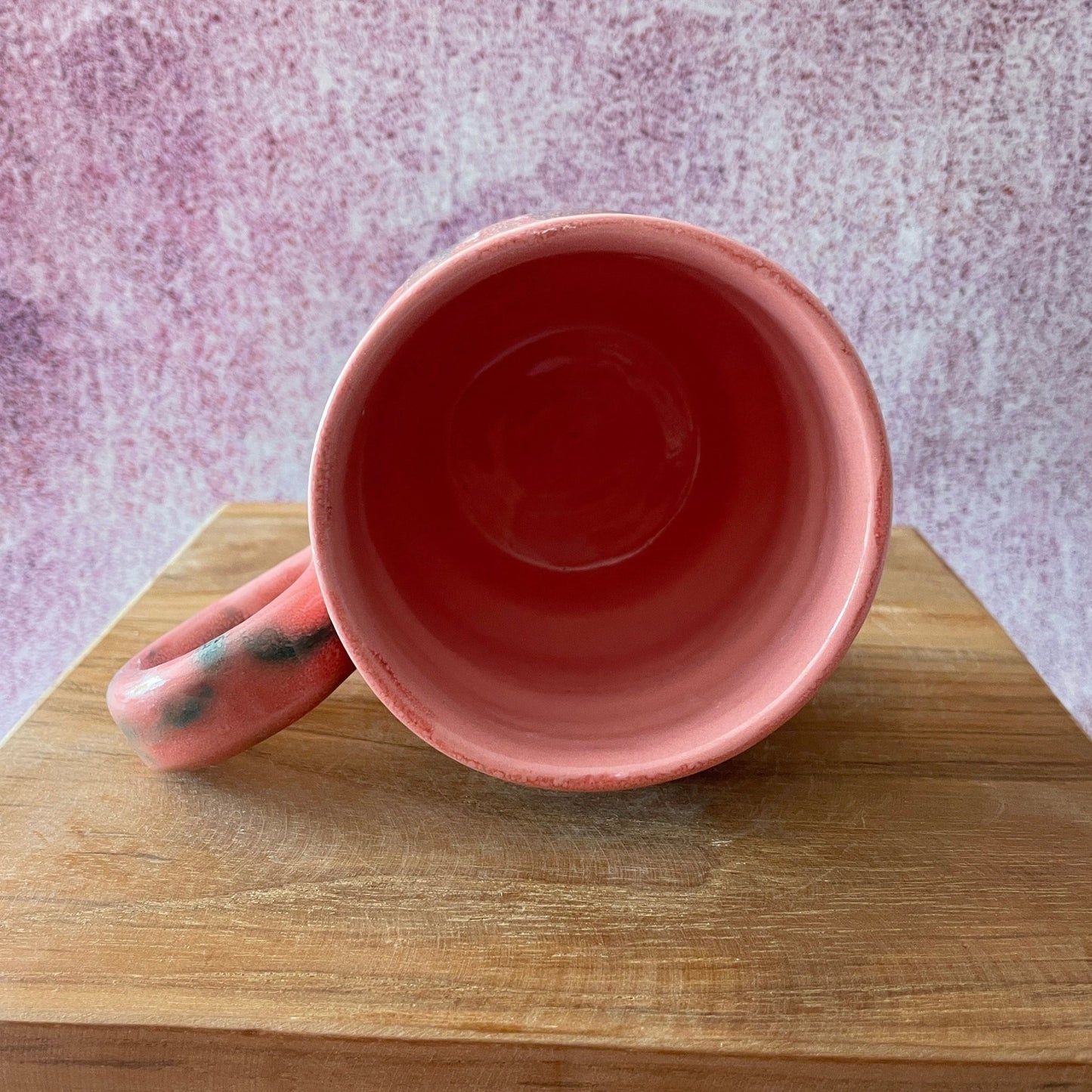 Handmade Coral Pink and Green Drippy Glazed Ceramic Mug - FJD Ceramics
