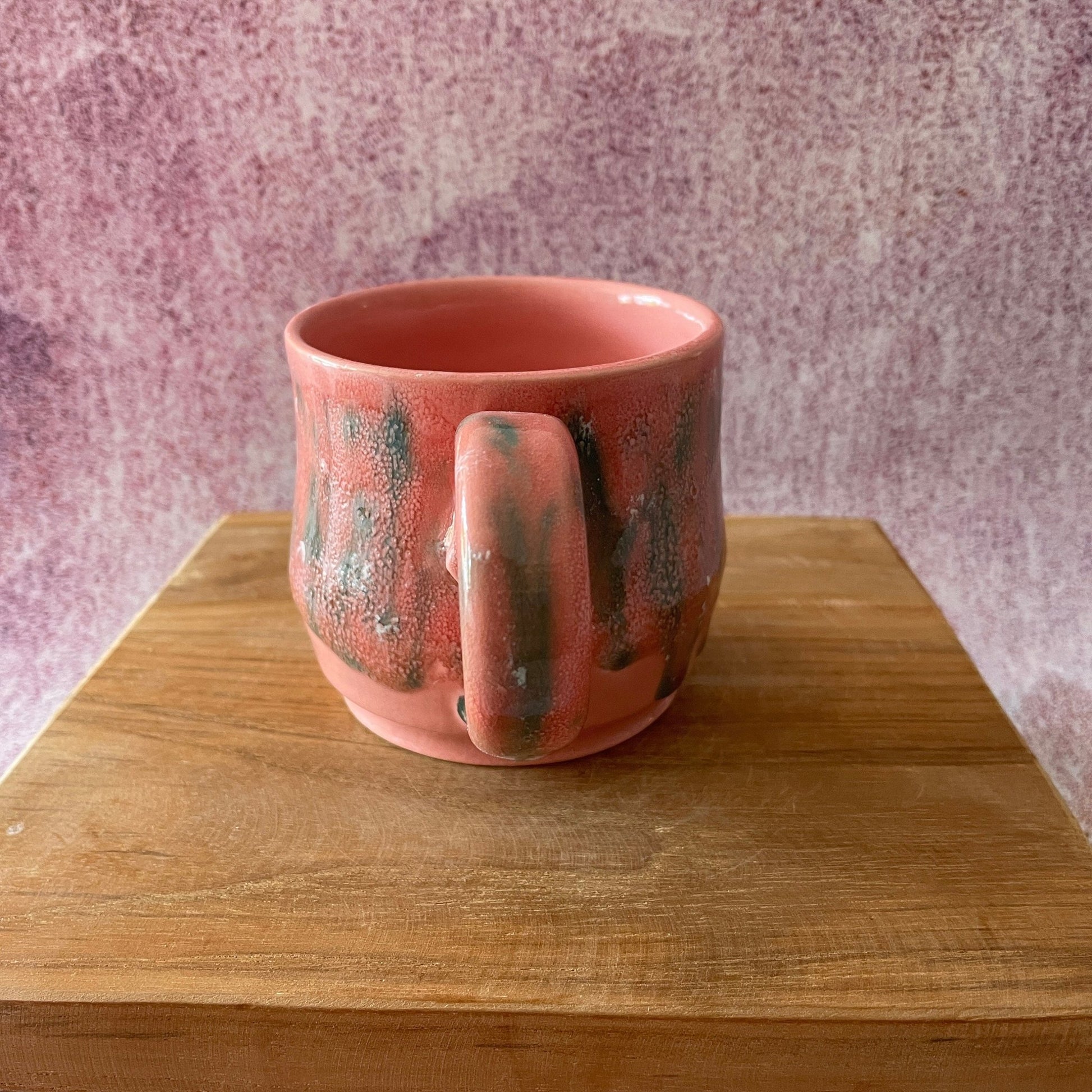 Handmade Coral Pink and Green Drippy Glazed Ceramic Mug - FJD Ceramics