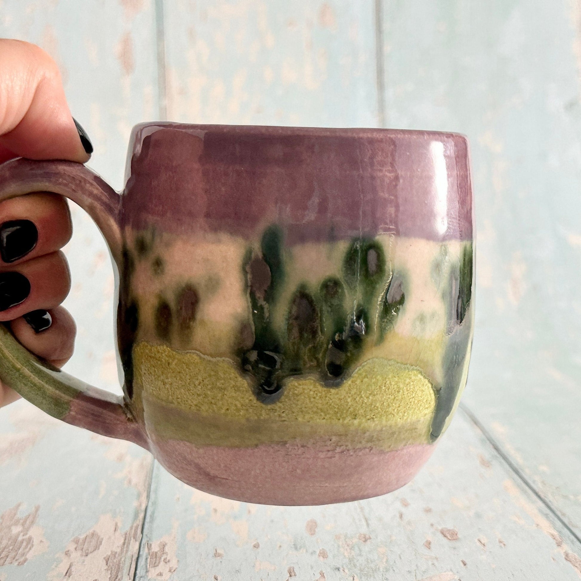 Handmade Purple and Green Mug, Drippy Glazed Ceramic Cup - FJD Ceramics
