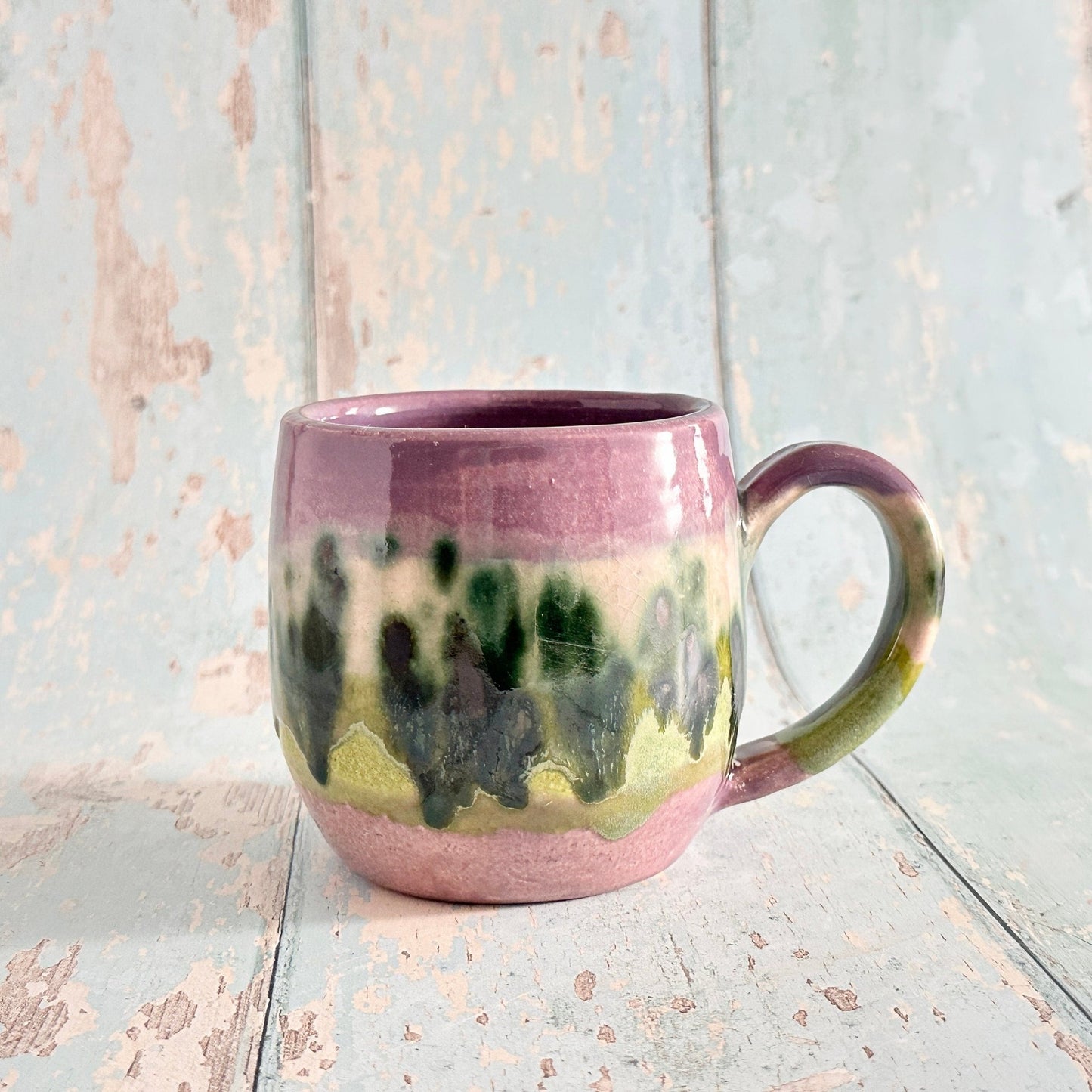 Handmade Purple and Green Mug, Drippy Glazed Ceramic Cup - FJD Ceramics
