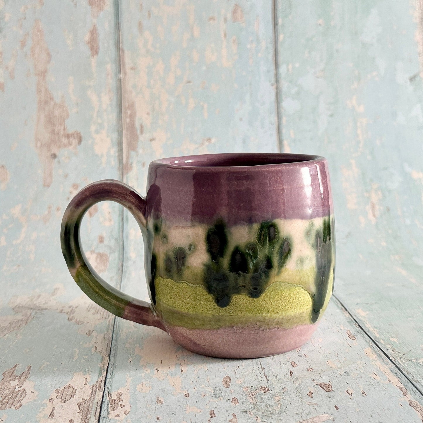 Handmade Purple and Green Mug, Drippy Glazed Ceramic Cup - FJD Ceramics