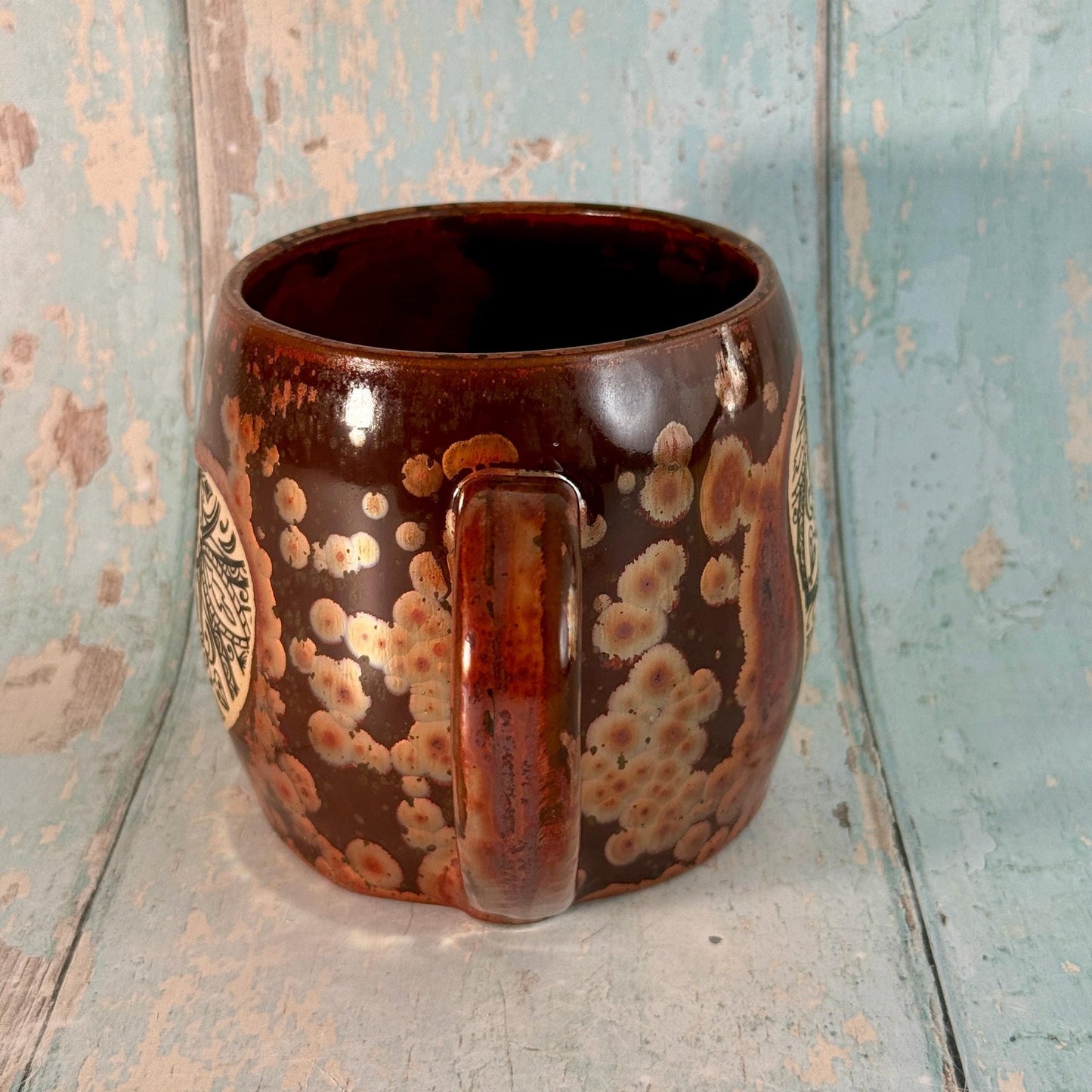 Heart Mandala Mug, Handmade Copper Ceramic Cup - FJD Ceramics