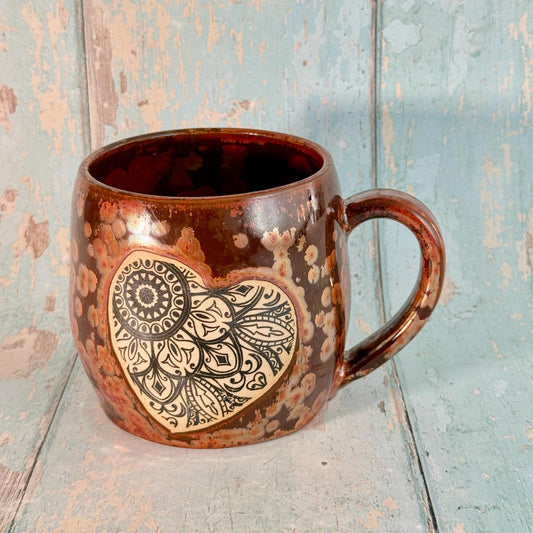 Heart Mandala Mug, Handmade Copper Ceramic Cup - FJD Ceramics