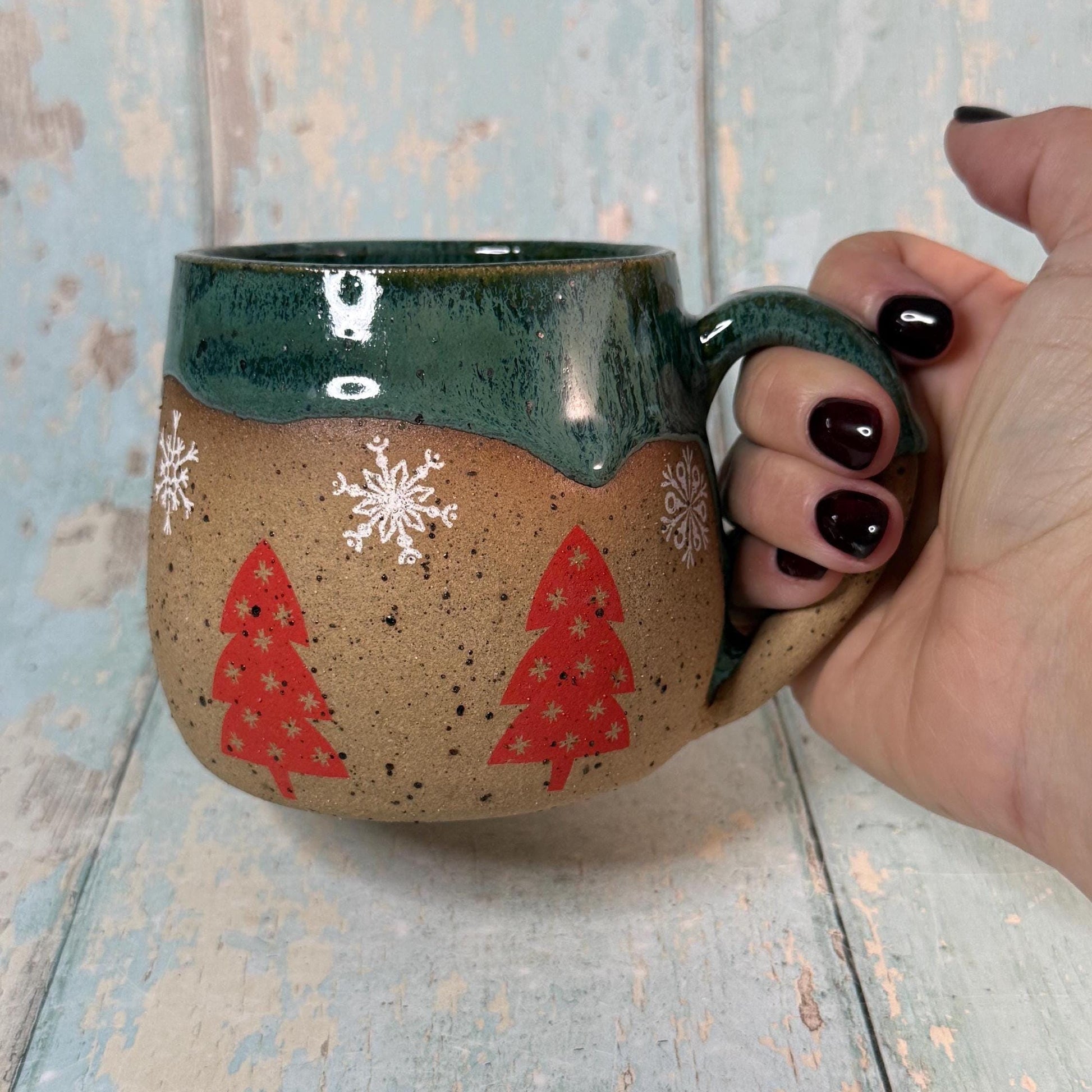 Red and Green Christmas Tree Mug, Handmade Ceramic Cup
