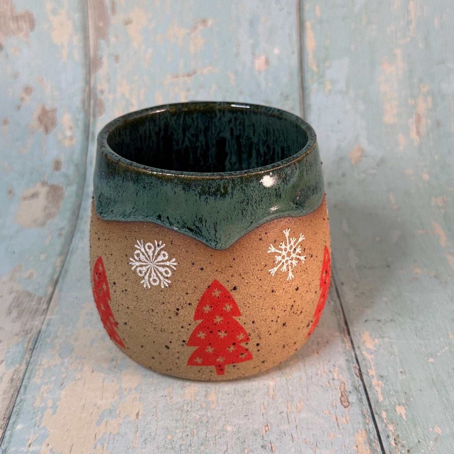 Red and Green Christmas Tree Mug, Handmade Ceramic Cup