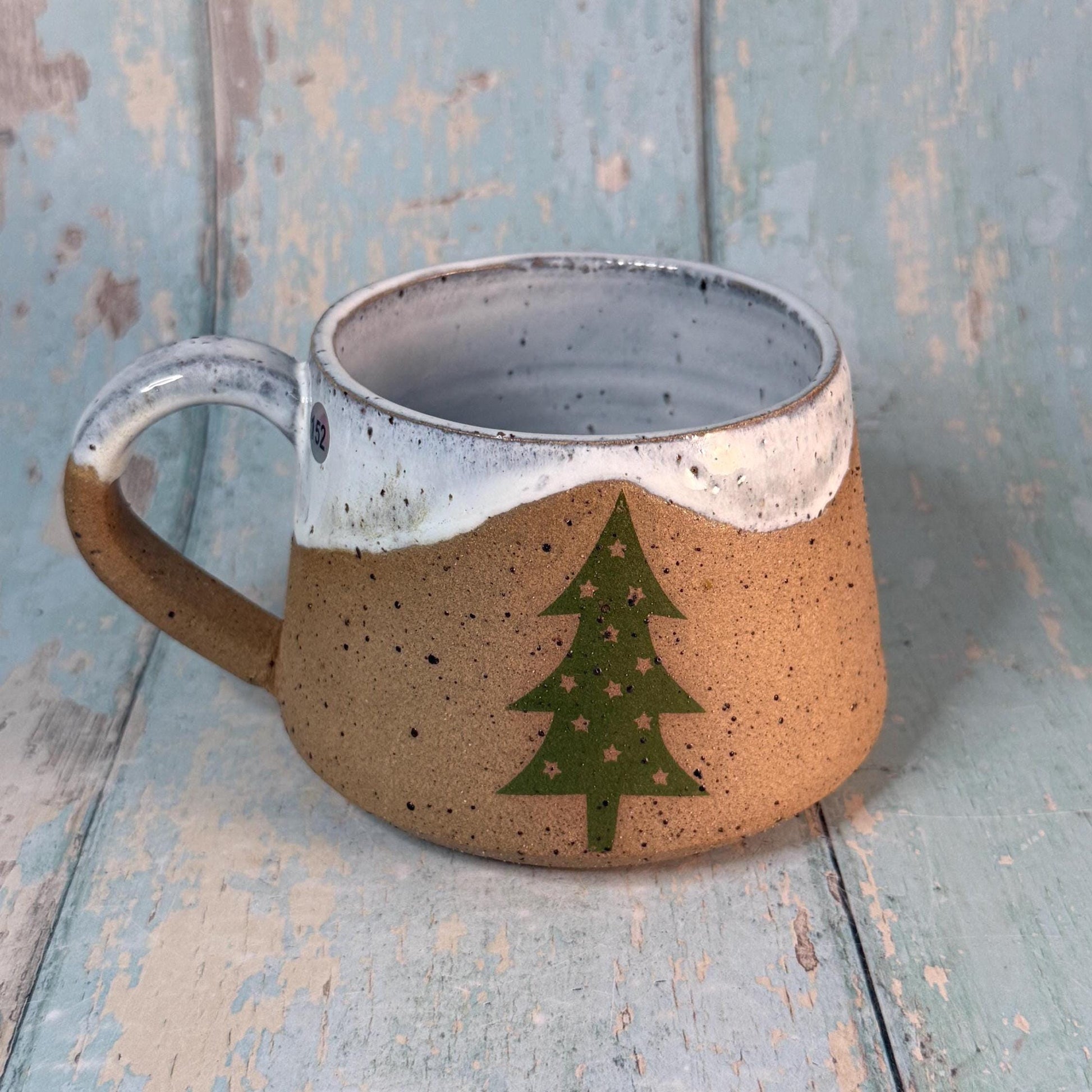 White and Green Christmas Tree Mug, Handmade Ceramic Cup