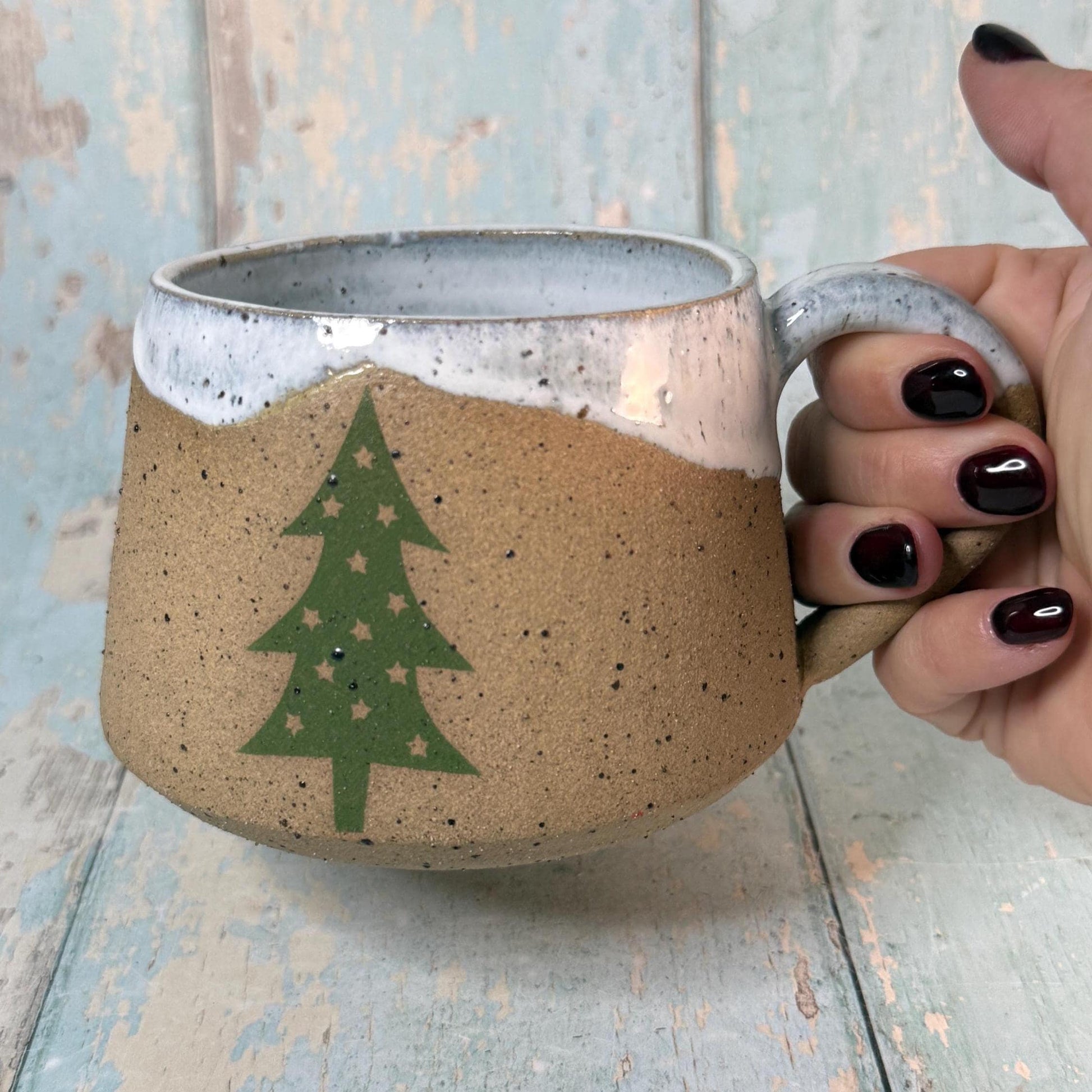 White and Green Christmas Tree Mug, Handmade Ceramic Cup