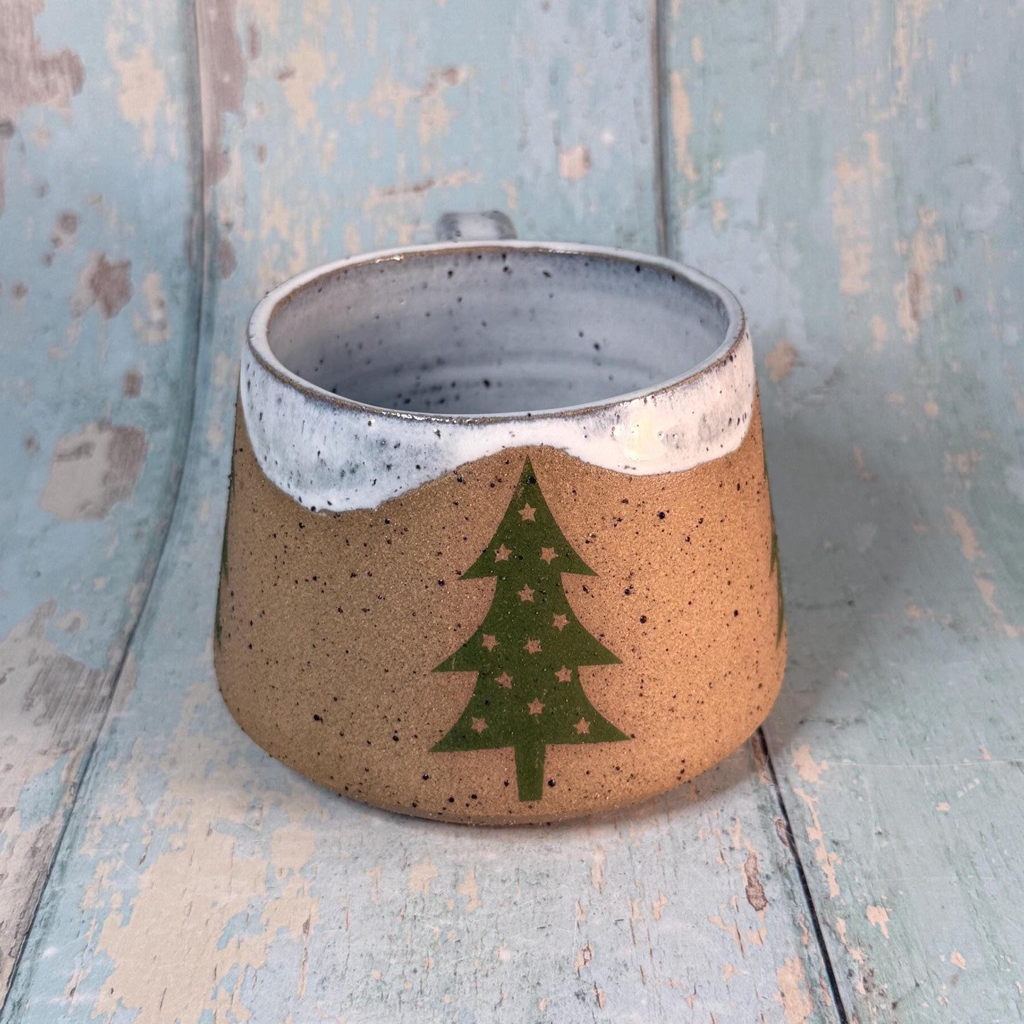 White and Green Christmas Tree Mug, Handmade Ceramic Cup