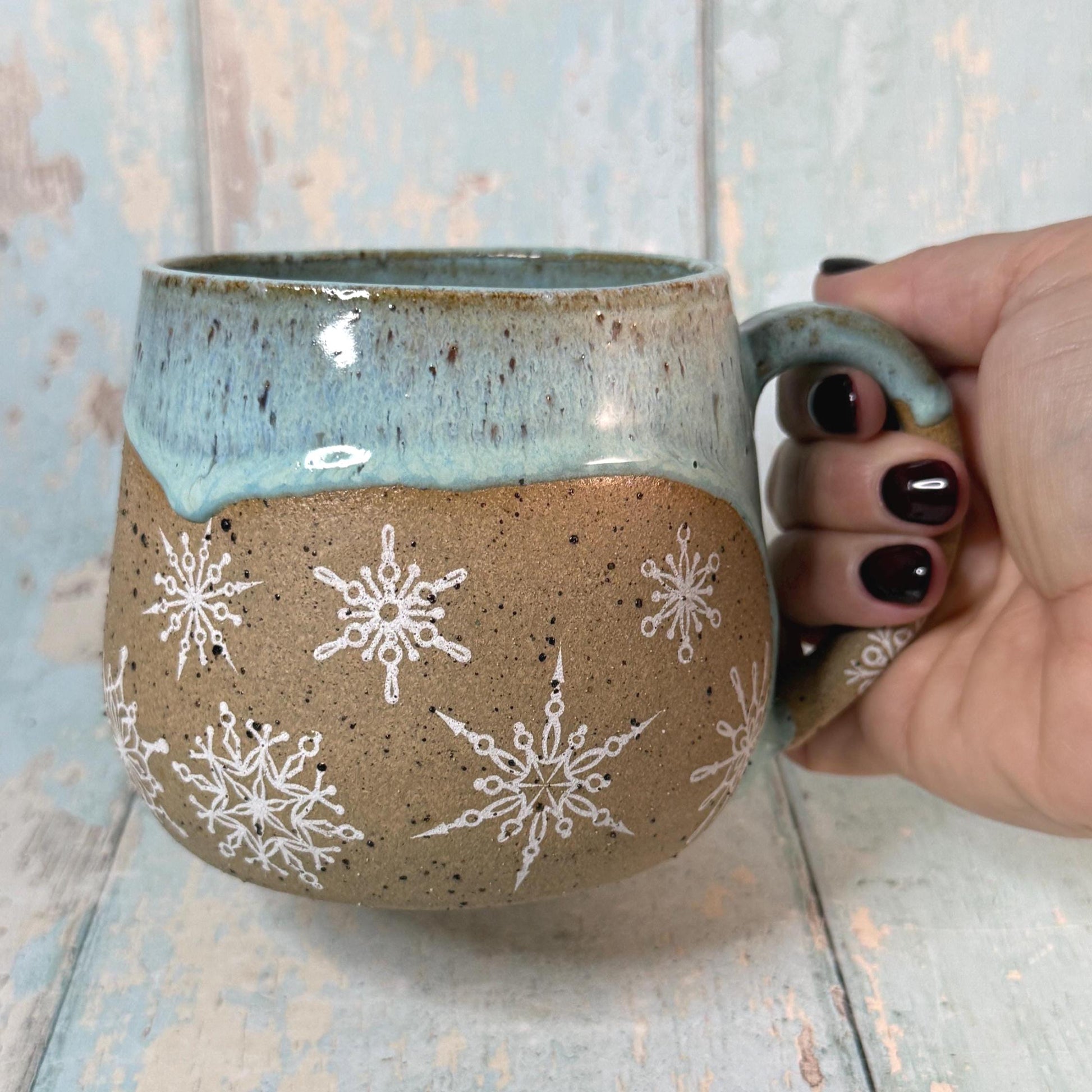 Green Christmas Snowflake Mug, Handmade Ceramic Cup