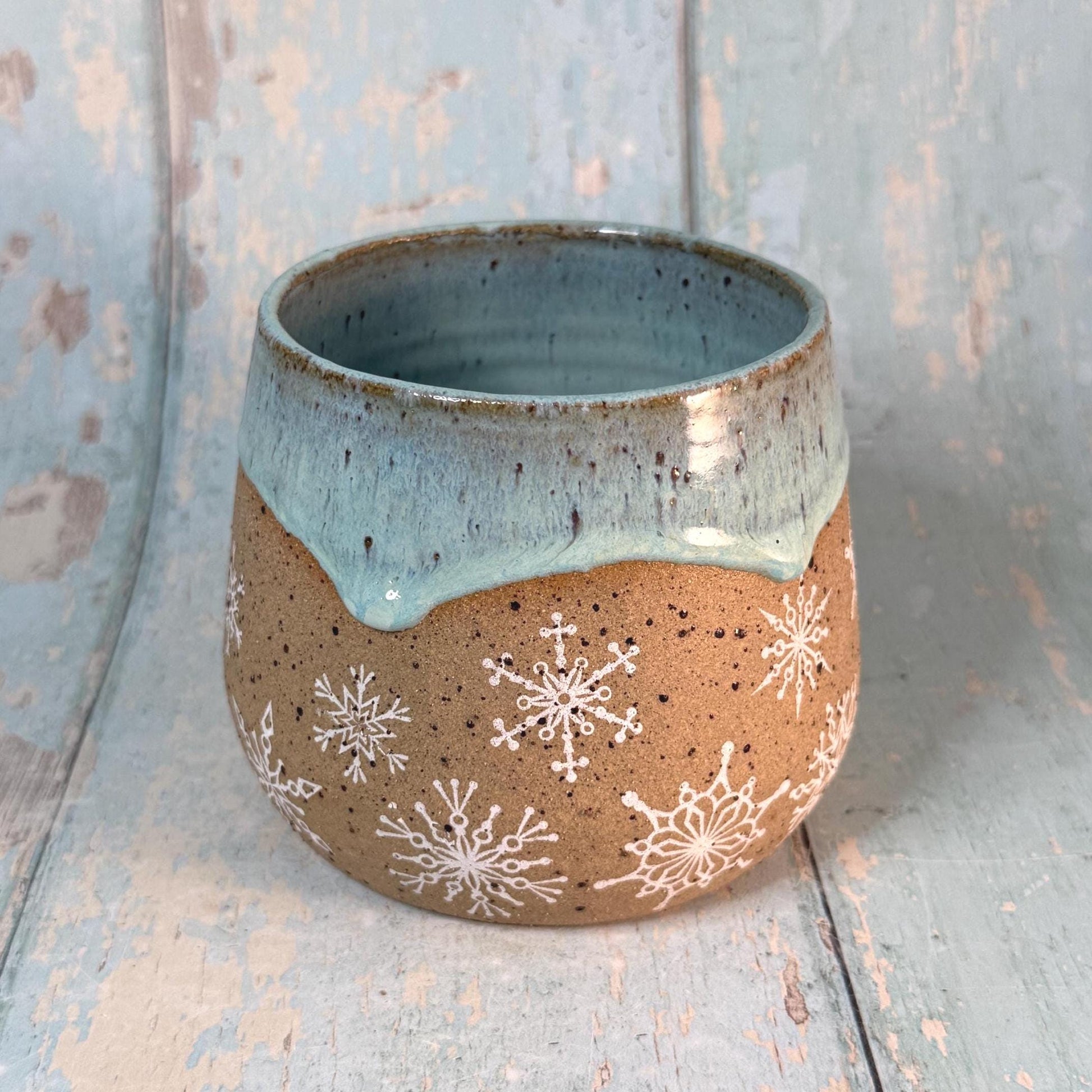 Green Christmas Snowflake Mug, Handmade Ceramic Cup