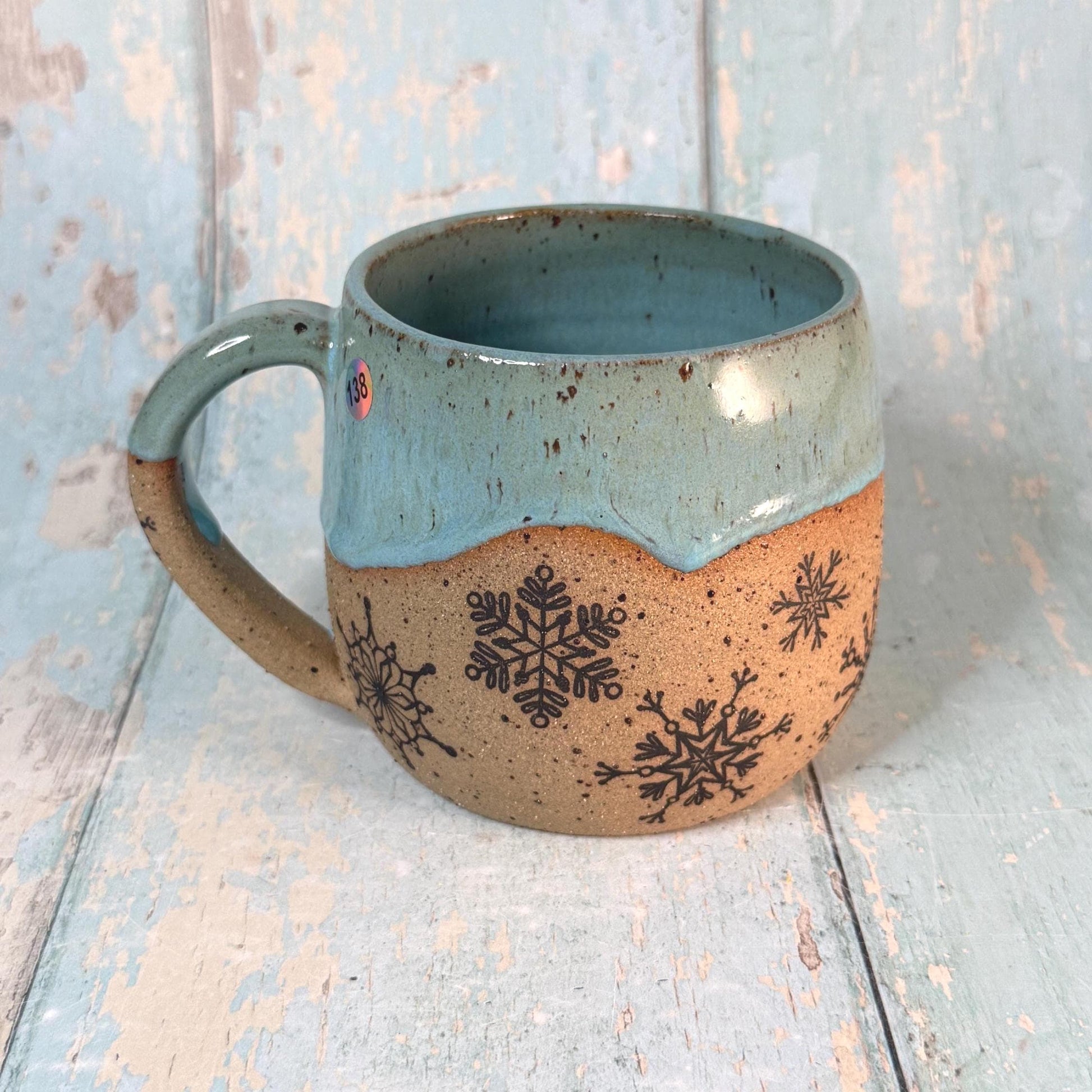 Black and Turquoise Christmas Snowflake Mug, Handmade Ceramic Cup