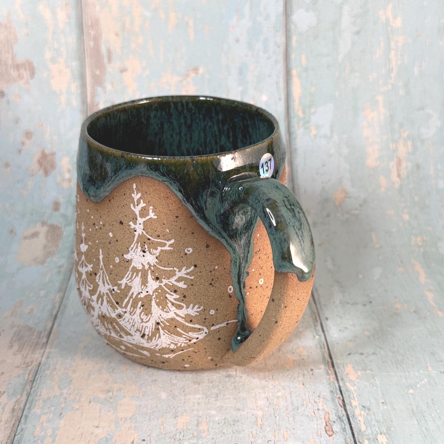Green Christmas Tree Mug, Handmade Ceramic Cup