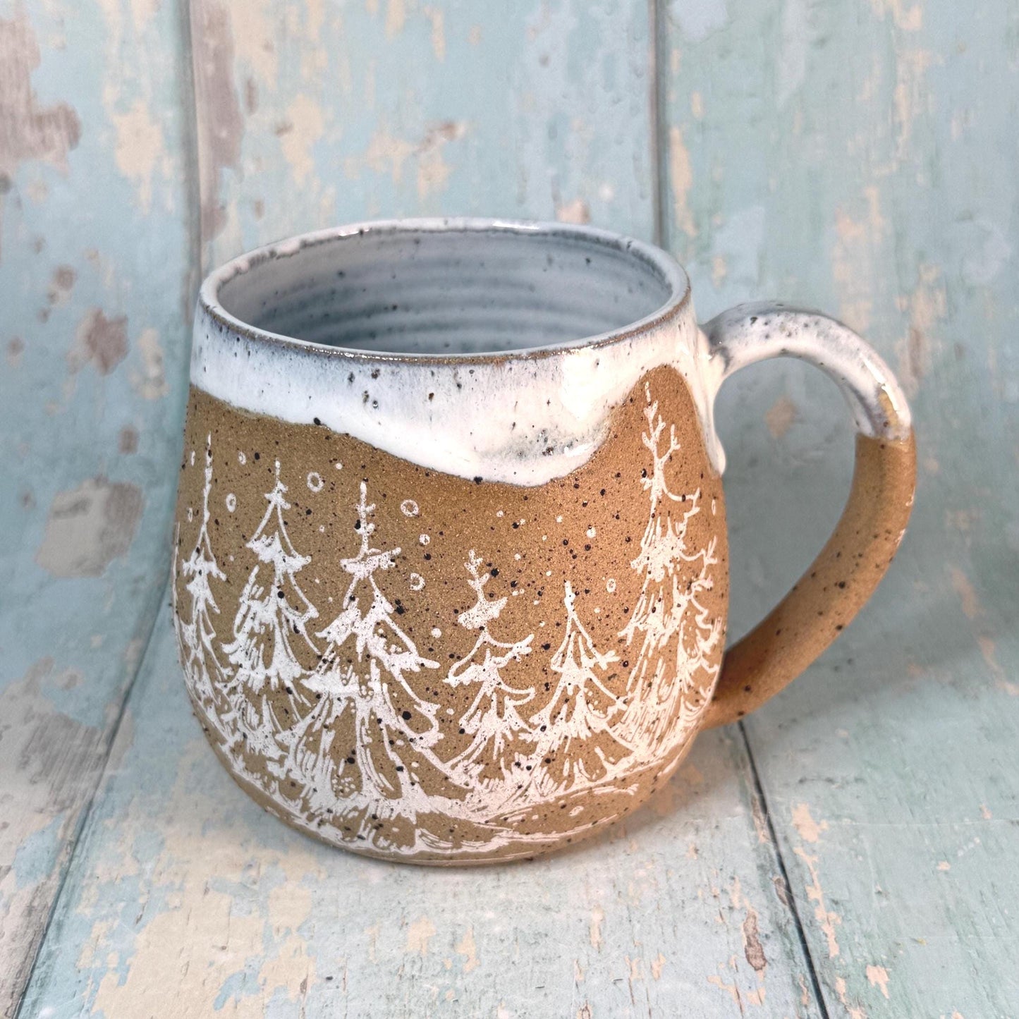White Christmas Tree Mug, Handmade Ceramic Cup