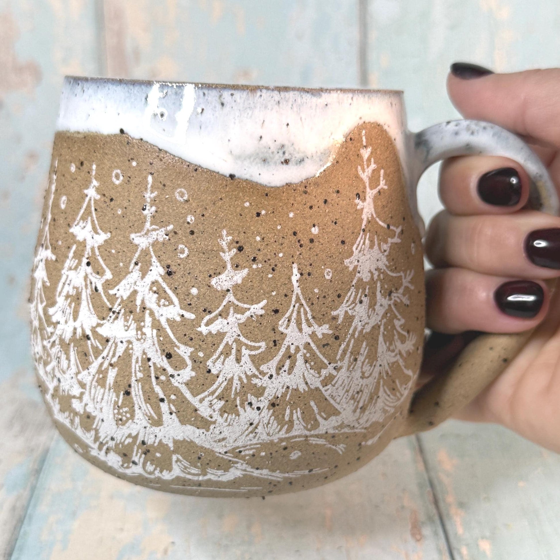 White Christmas Tree Mug, Handmade Ceramic Cup