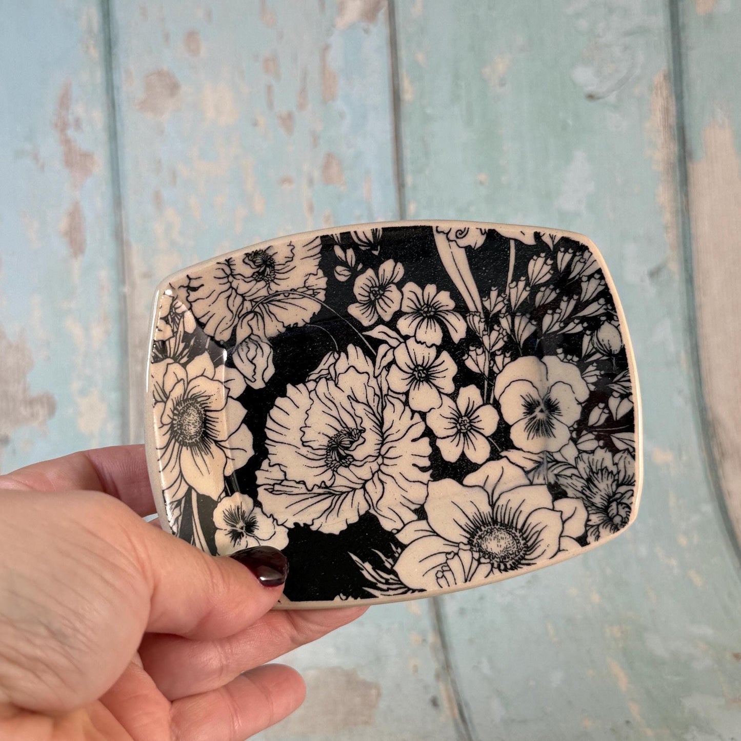 Small Black & White Floral Ring Dish, Handmade Rectangle Ceramic Pot