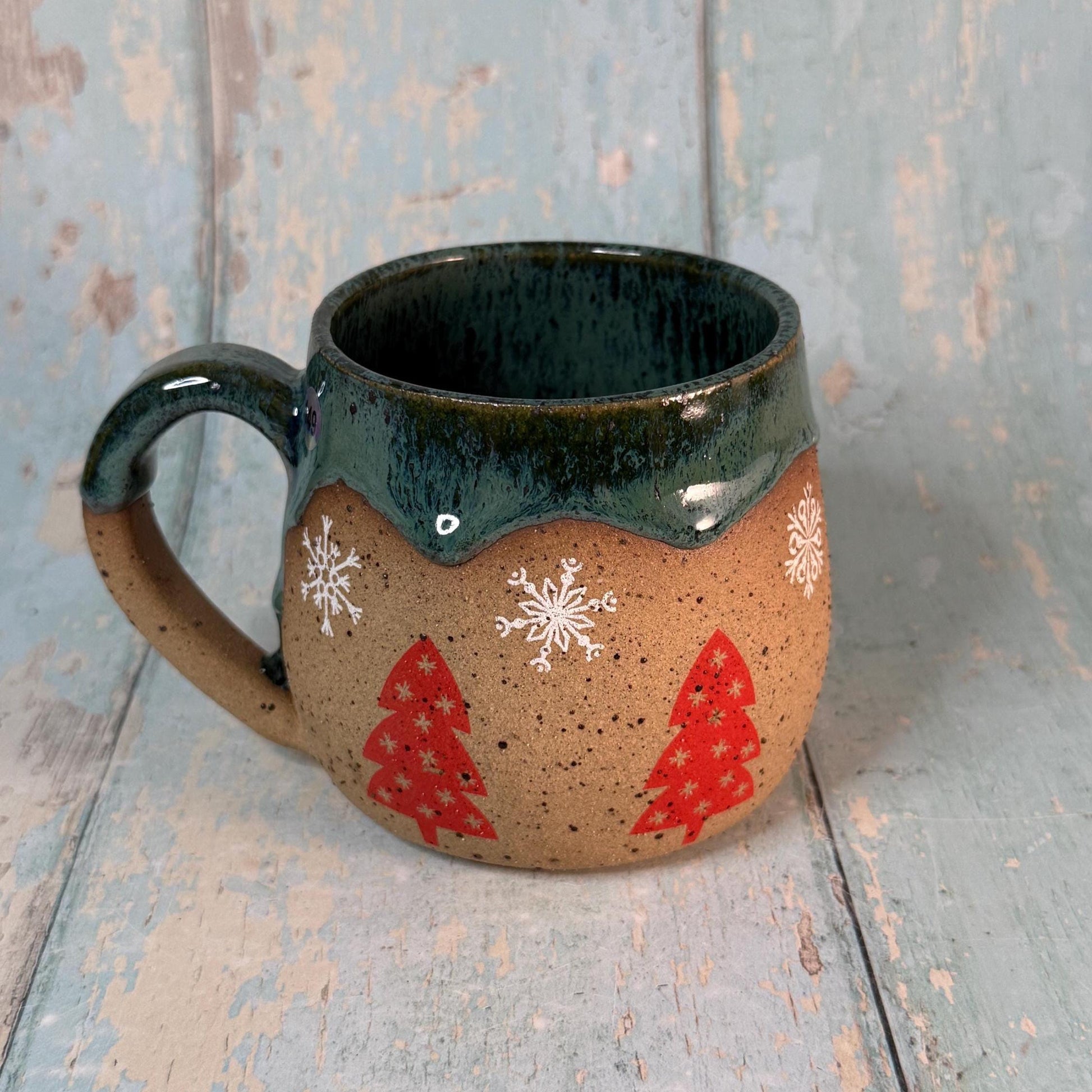 Red and Green Christmas Tree Mug, Handmade Ceramic Cup