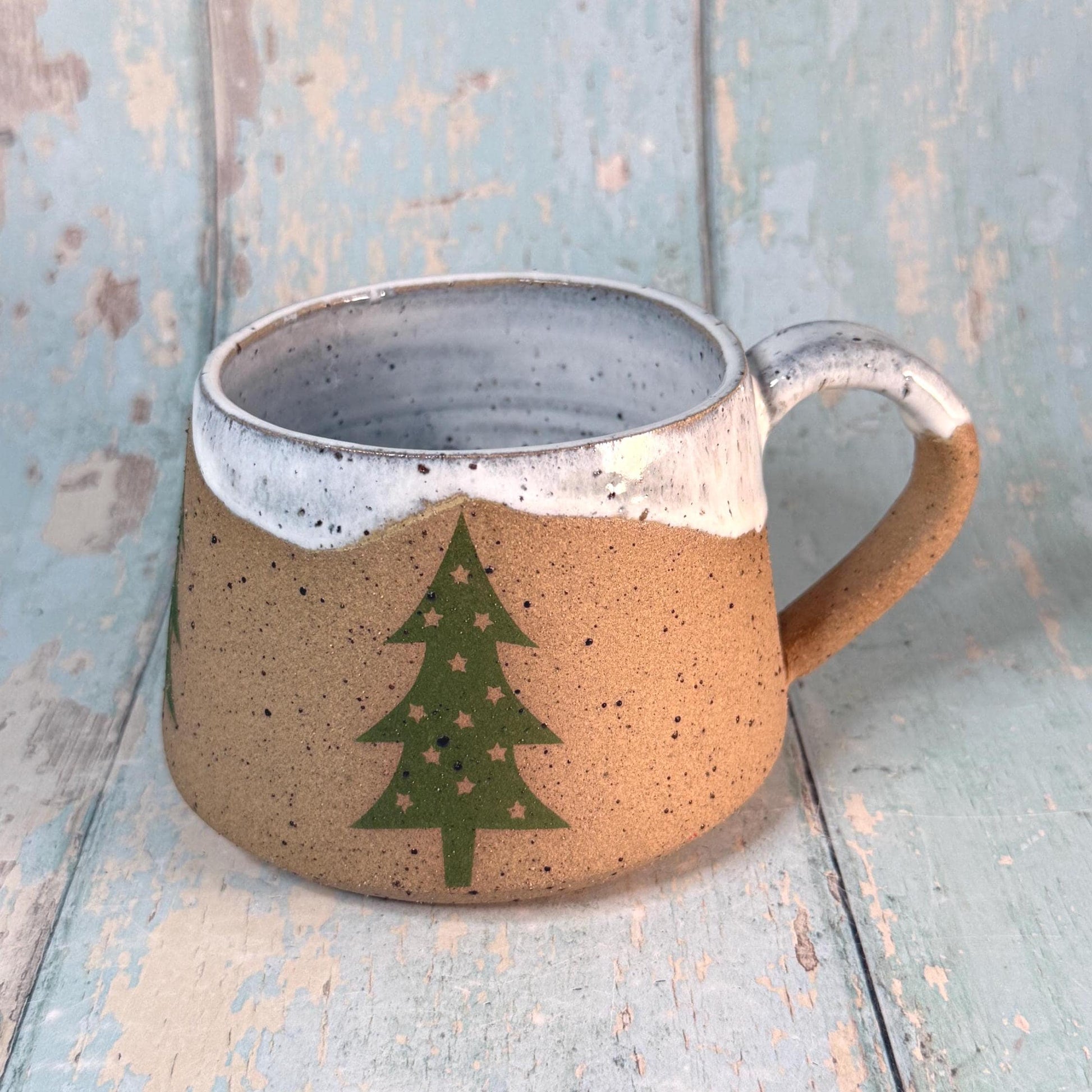 White and Green Christmas Tree Mug, Handmade Ceramic Cup