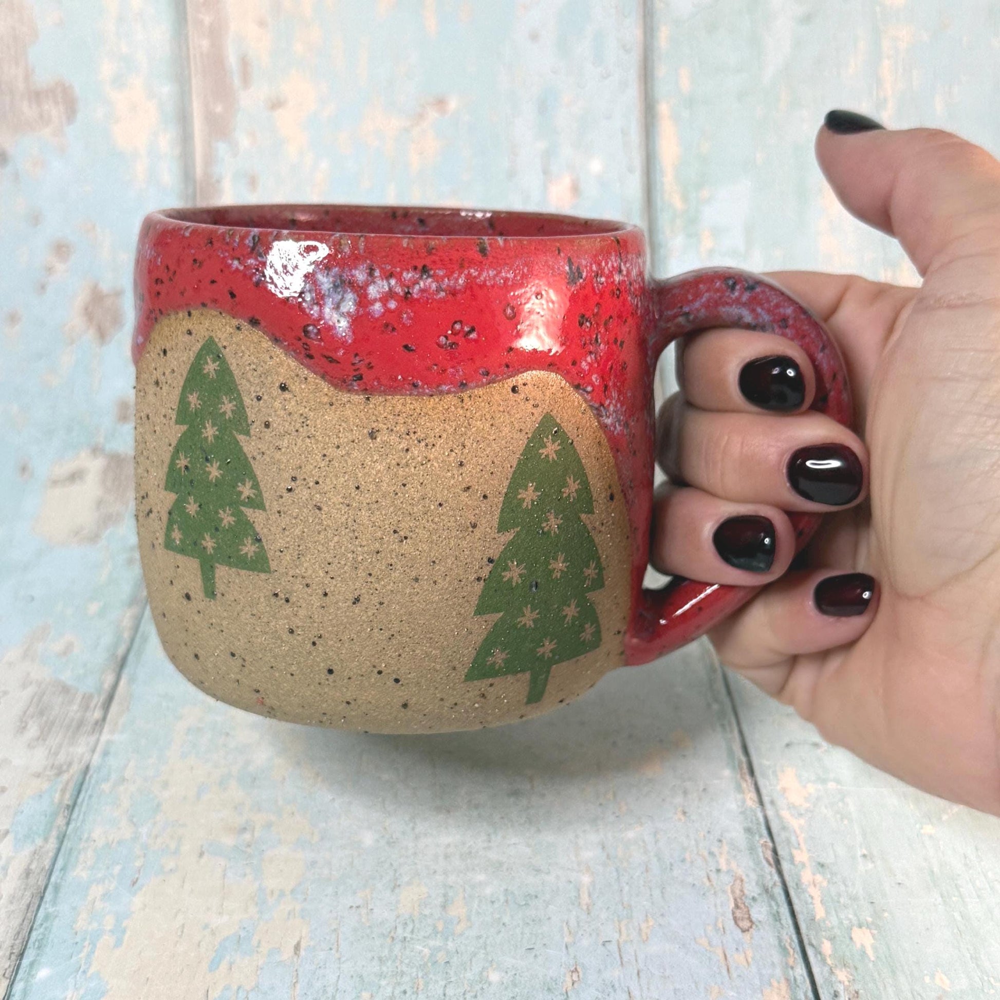 Red and Green Christmas Tree Mug, Handmade Ceramic Cup