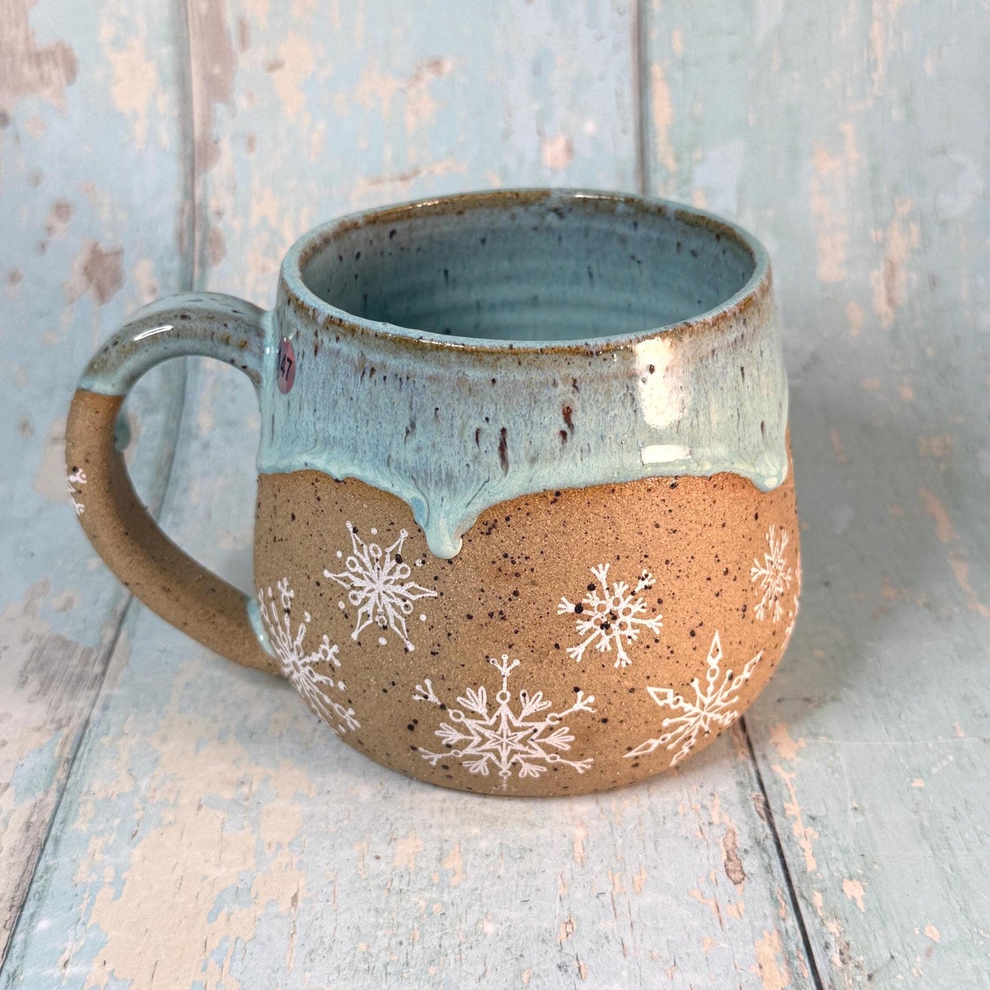 Green Christmas Snowflake Mug, Handmade Ceramic Cup