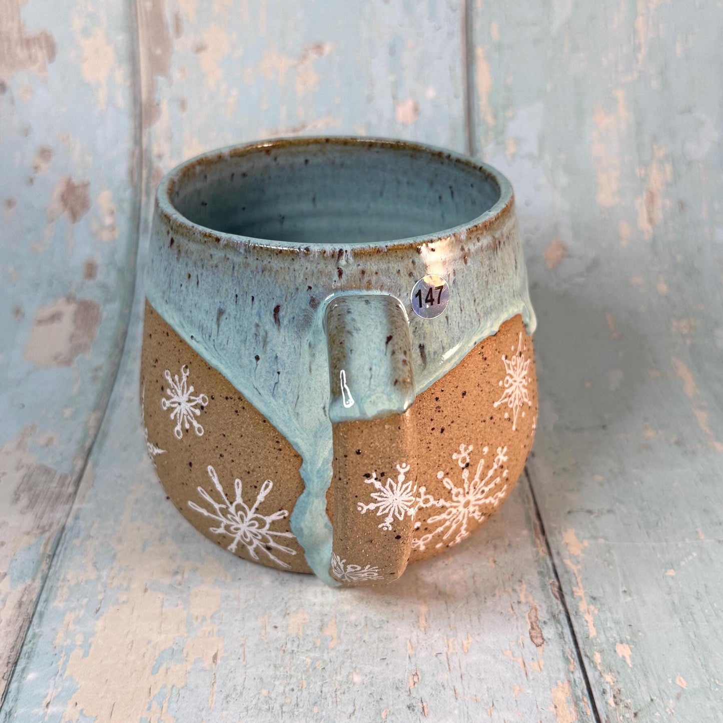 Green Christmas Snowflake Mug, Handmade Ceramic Cup