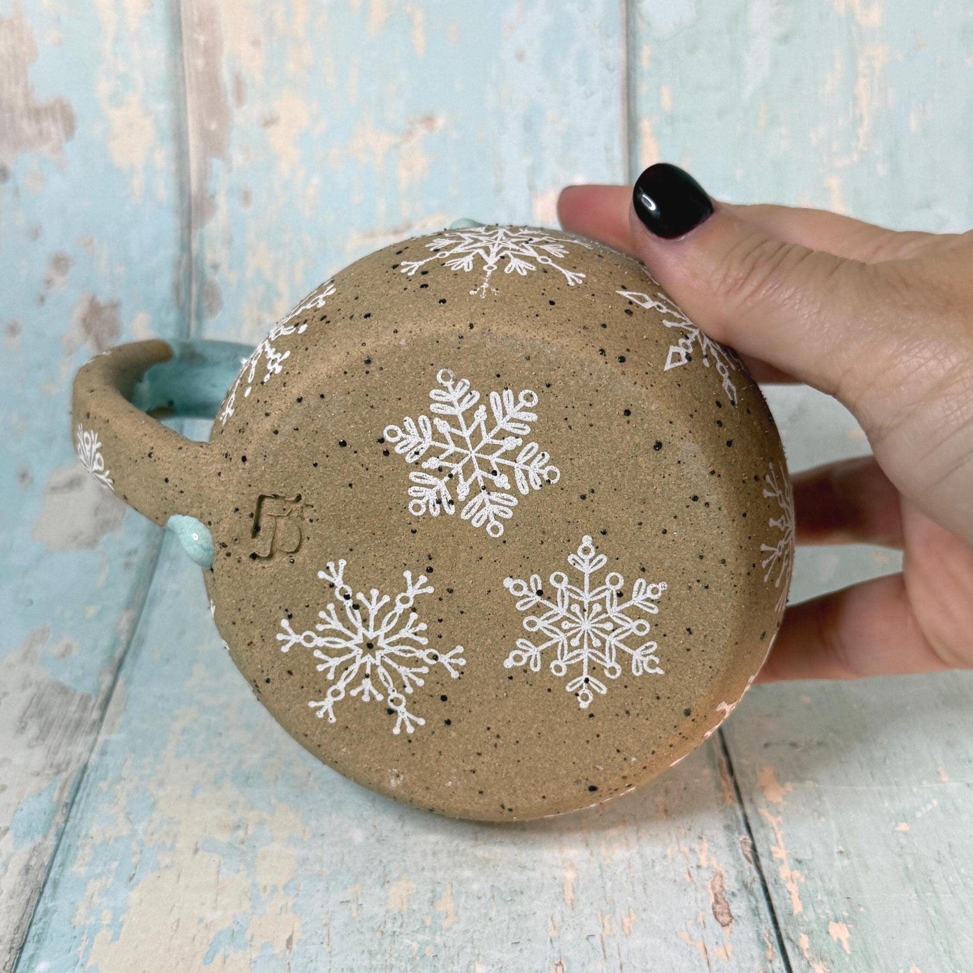 Green Christmas Snowflake Mug, Handmade Ceramic Cup
