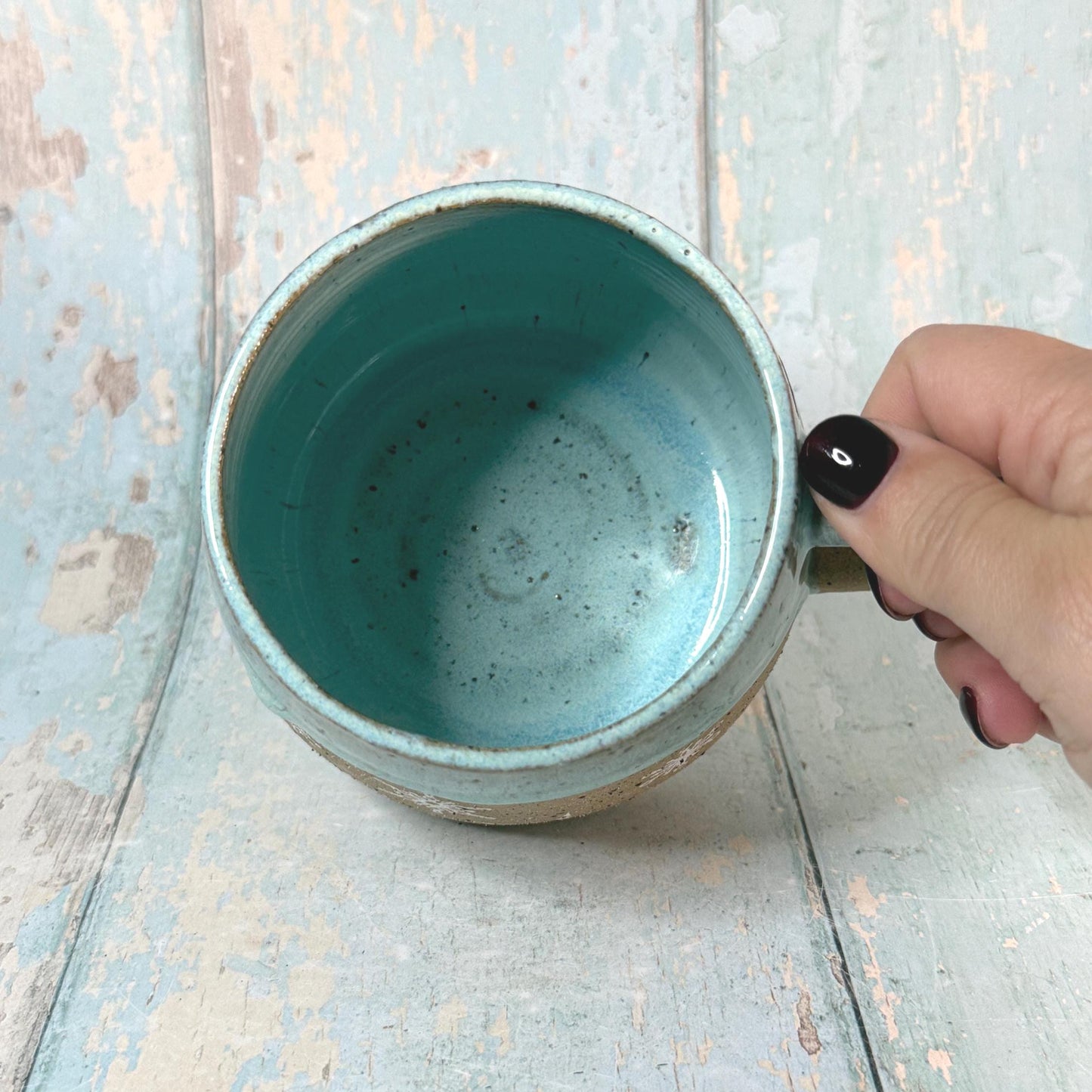 Green Christmas Snowflake Mug, Handmade Ceramic Cup