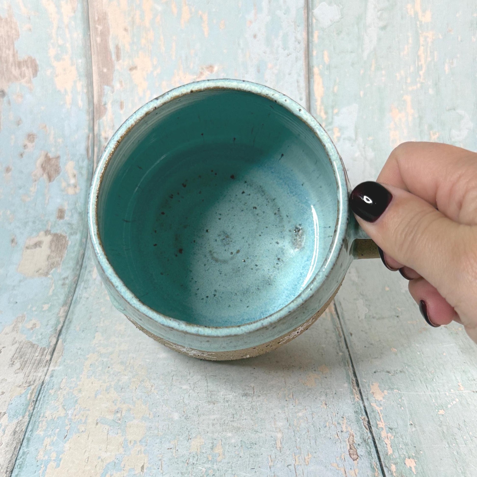 Green Christmas Snowflake Mug, Handmade Ceramic Cup