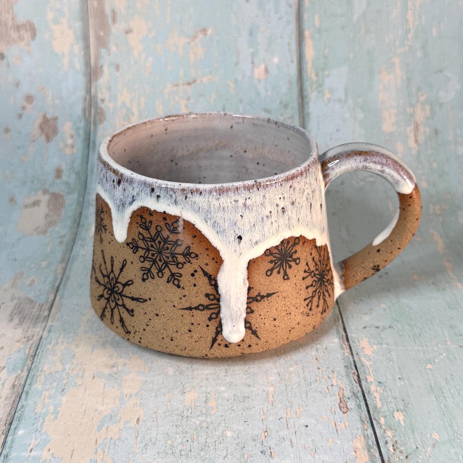 Black and White Christmas Snowflake Mug, Handmade Ceramic Cup