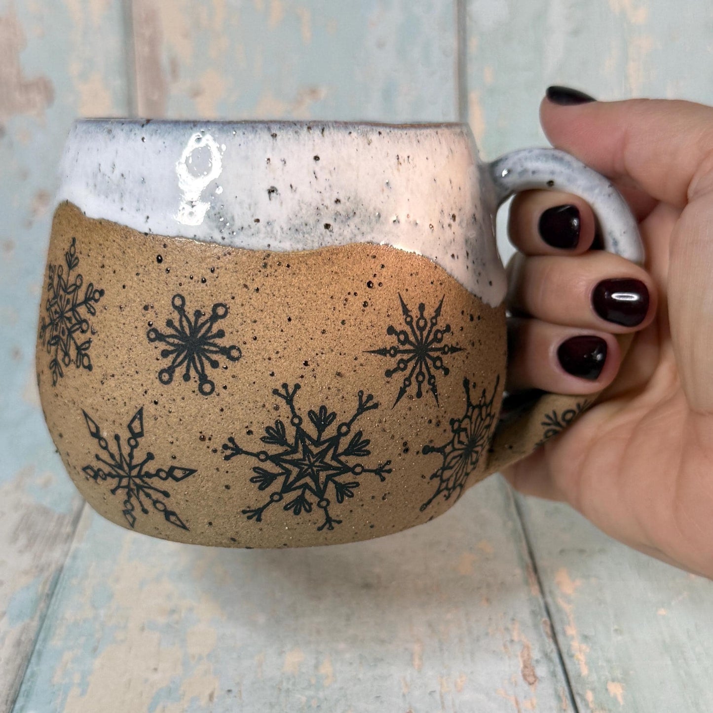 Black and White Christmas Snowflake Mug, Handmade Ceramic Cup