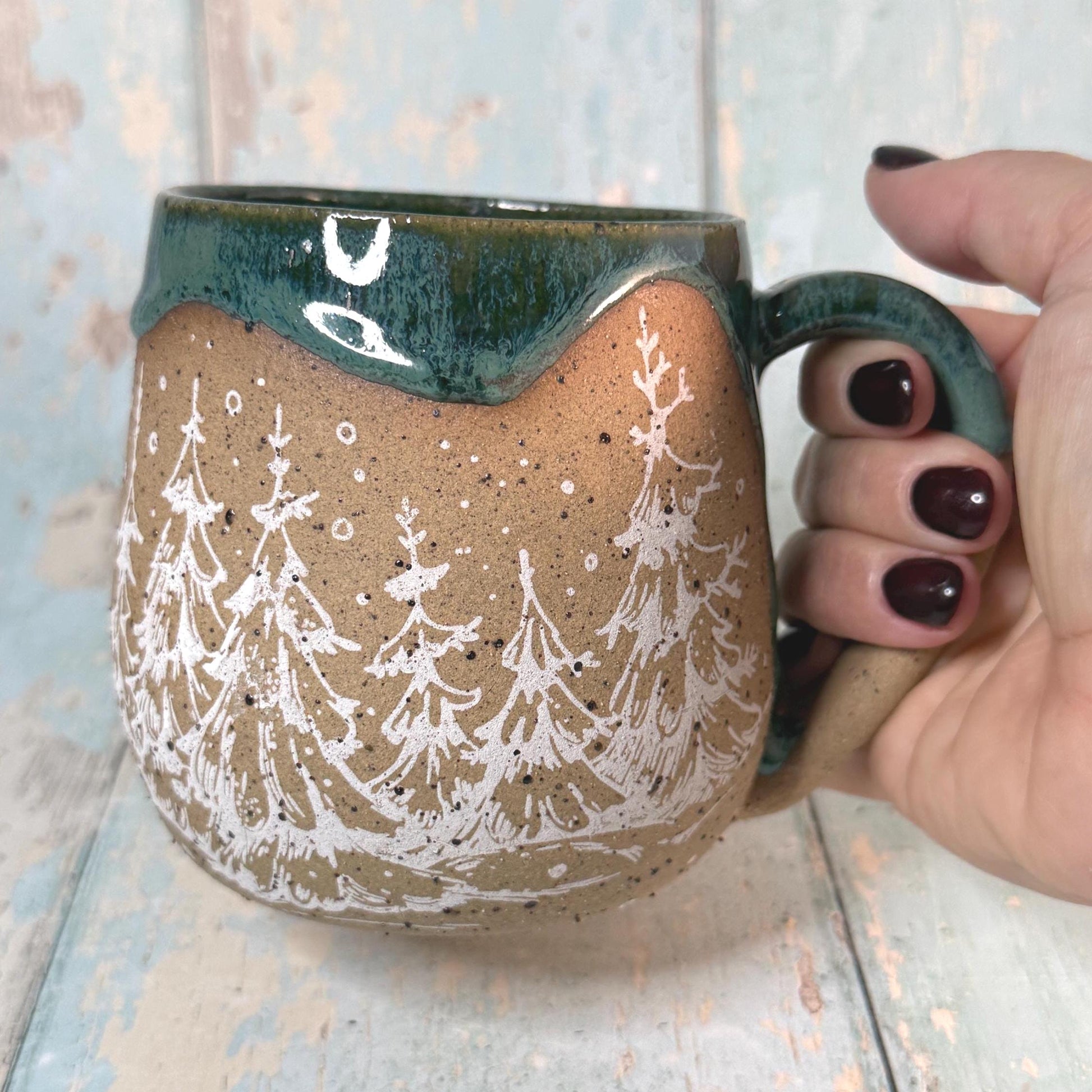 Green Christmas Tree Mug, Handmade Ceramic Cup