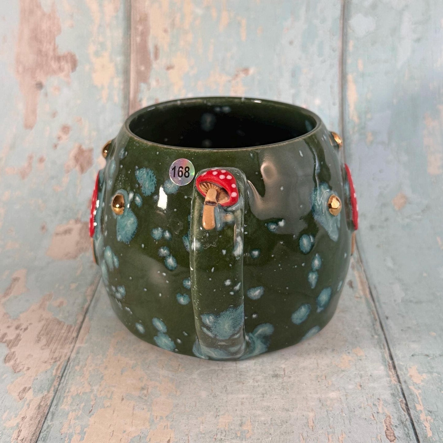 Green and Red Mushroom Mug, Fungi Ceramic Cup