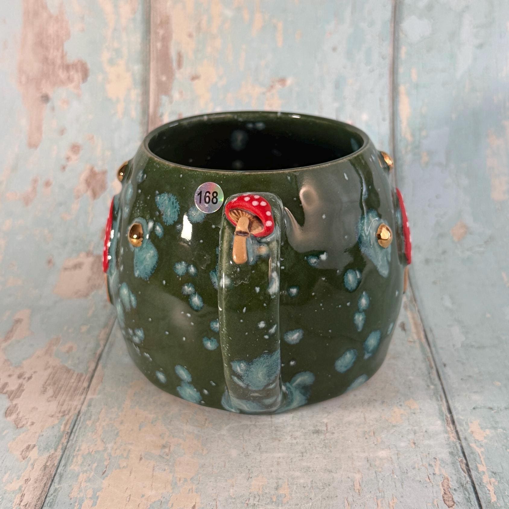 Green and Red Mushroom Mug, Fungi Ceramic Cup