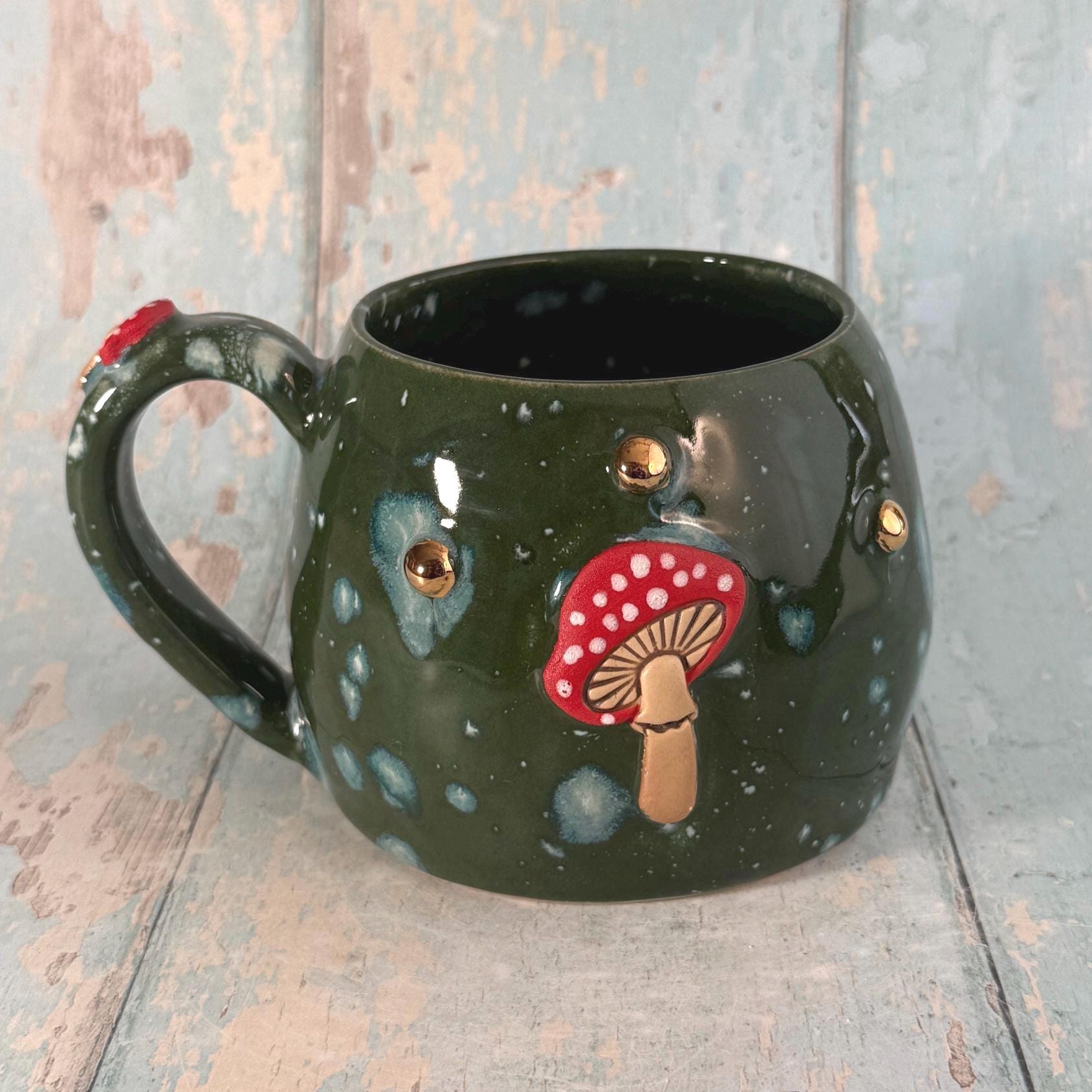 Green and Red Mushroom Mug, Fungi Ceramic Cup