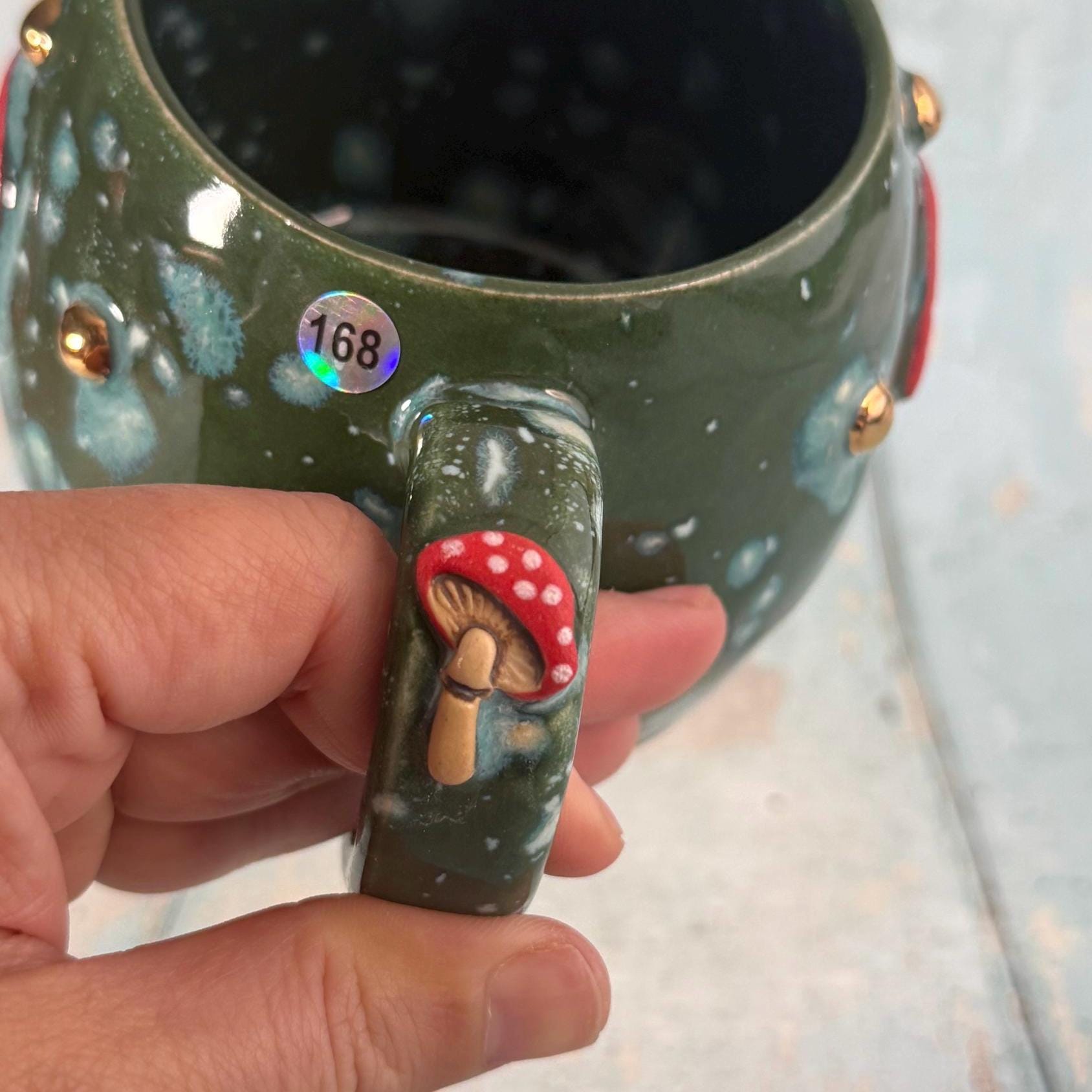 Green and Red Mushroom Mug, Fungi Ceramic Cup