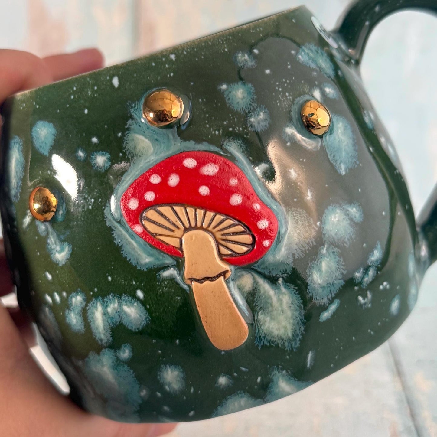 Green and Red Mushroom Mug, Fungi Ceramic Cup