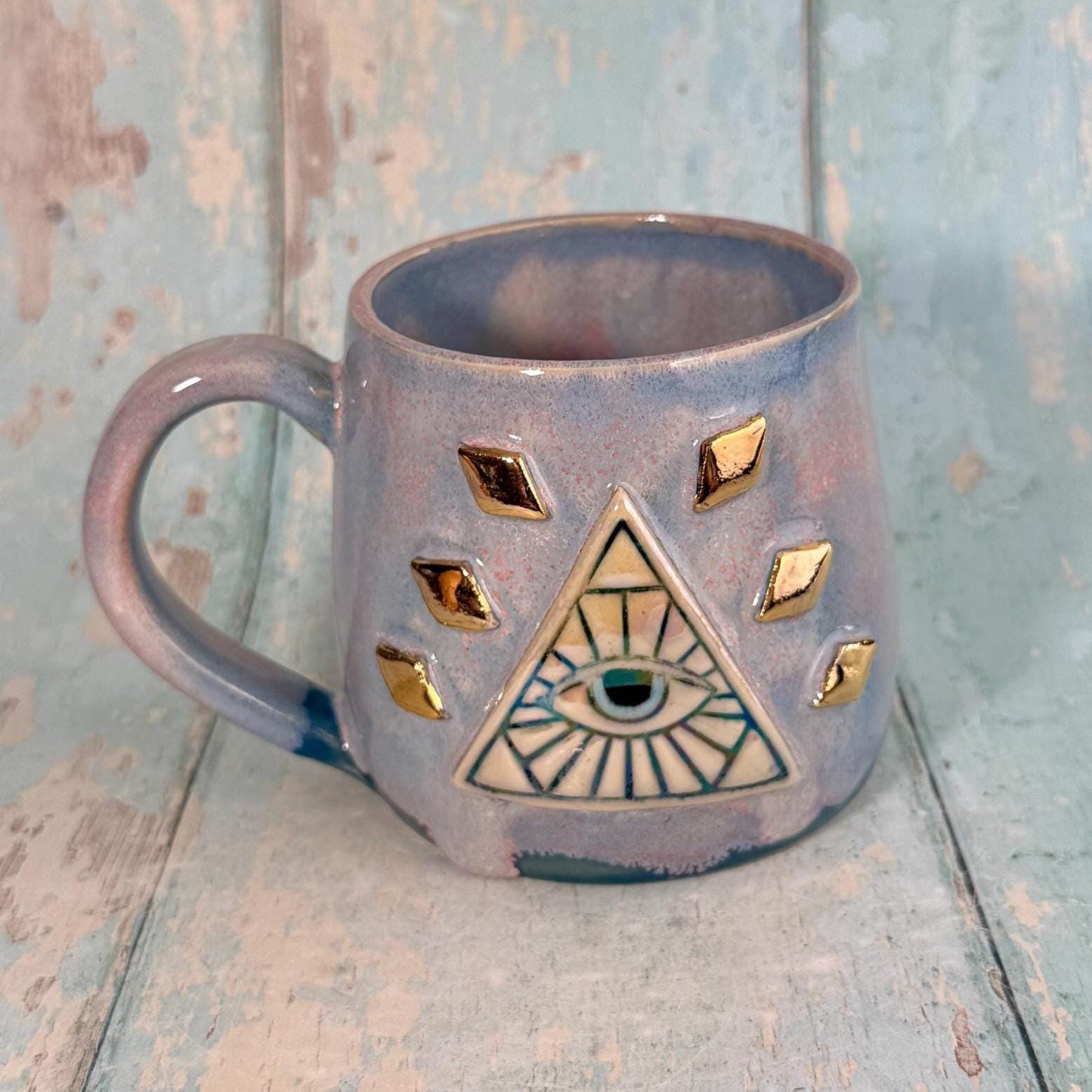 Mystical Pyramid Mug, Handmade Pink and Blue Ceramic Cup