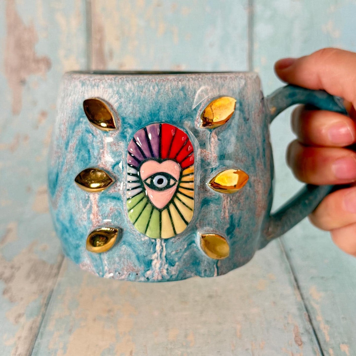 Mystical Heart Mug, Handmade Teal and Rainbow Ceramic Cup - Second