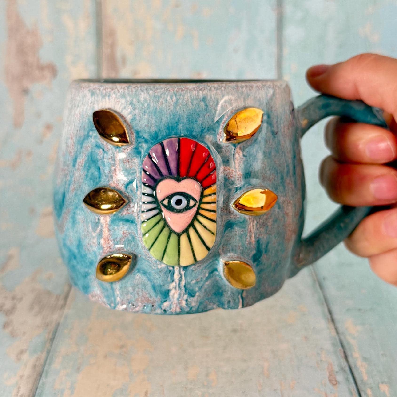Mystical Heart Mug, Handmade Teal and Rainbow Ceramic Cup - Second