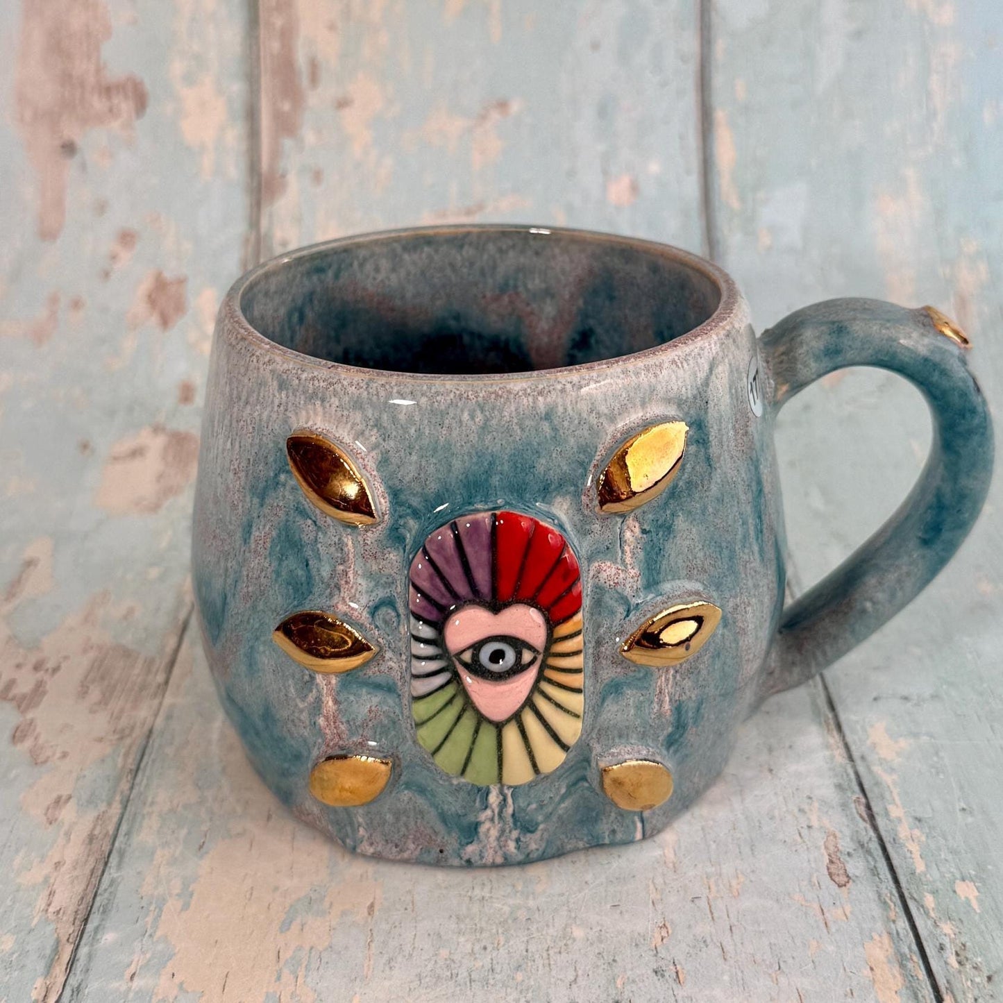 Mystical Heart Mug, Handmade Teal and Rainbow Ceramic Cup - Second